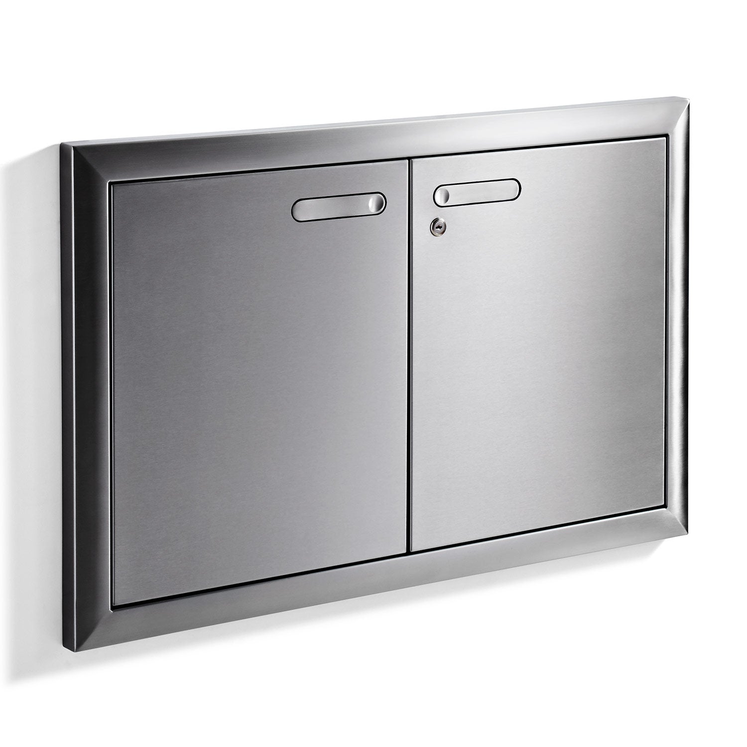 Double-door sealed pantry cabinet, stainless gray, vertical seam and flat bar handles.