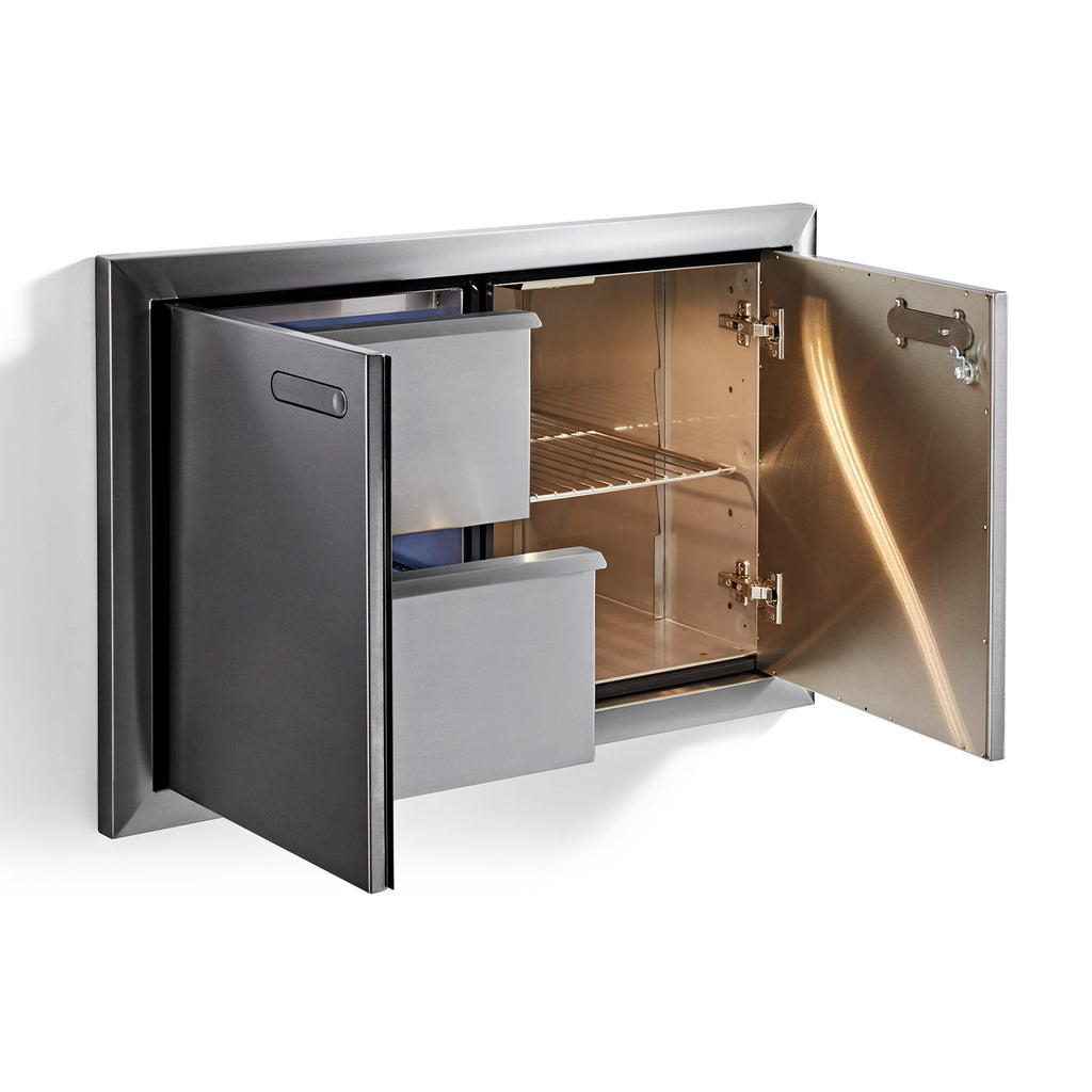 Open double-door dry pantry cabinet showing shelves and interior hinge hardware.