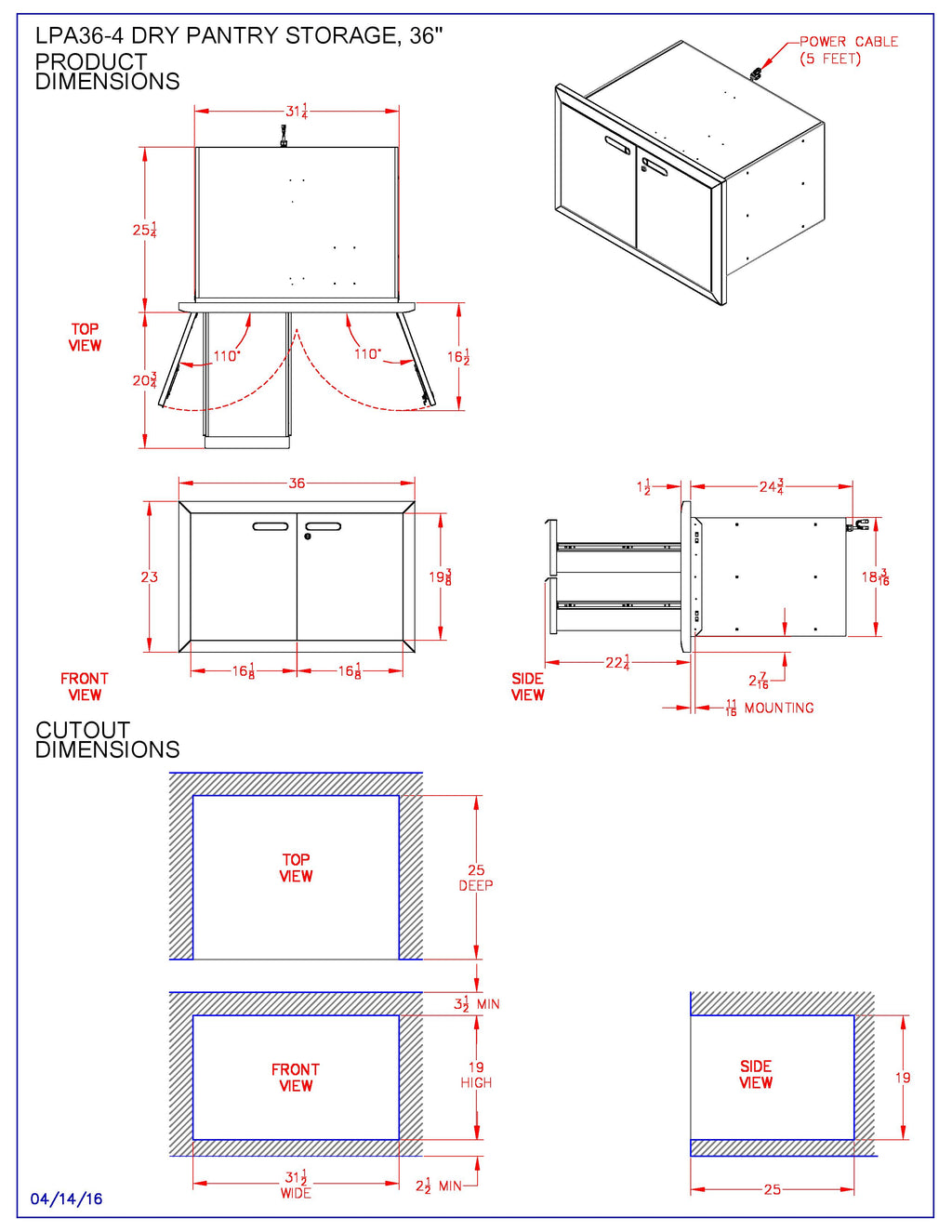 Dry pantry storage cabinet dimension chart with top, front, and side measurement views.