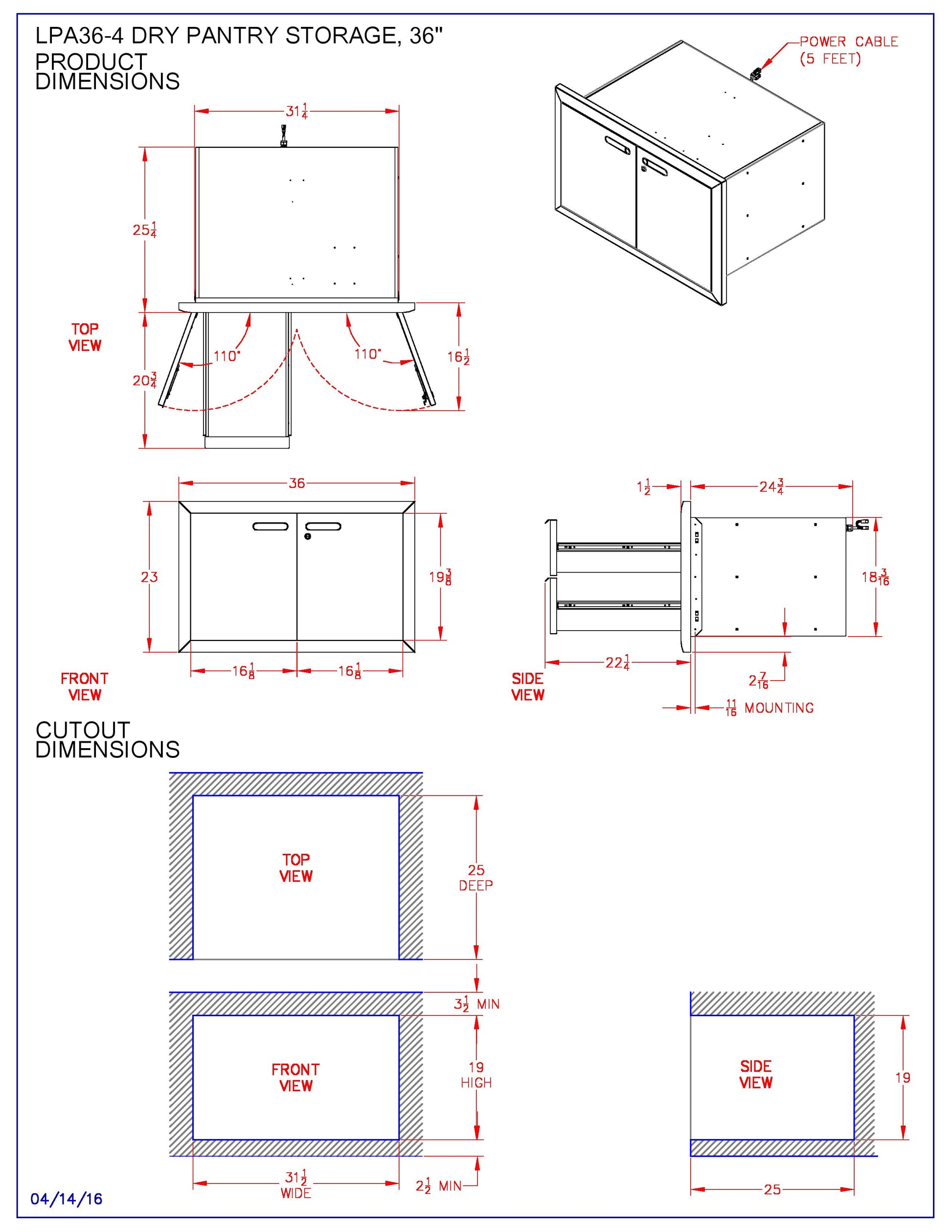 Dry pantry storage cabinet dimension chart with top, front, and side measurement views.