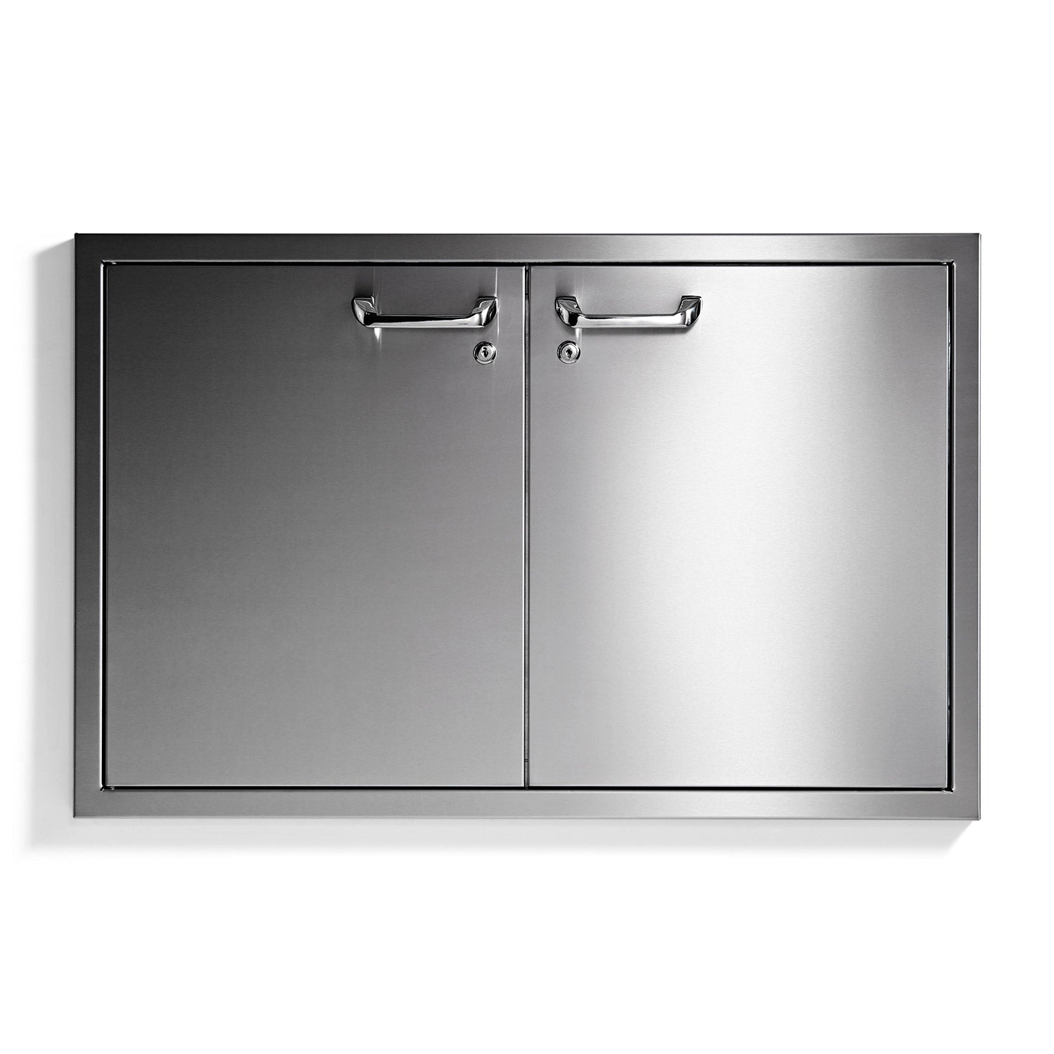 Sealed double-door pantry with black trim, stainless doors, and two top handles