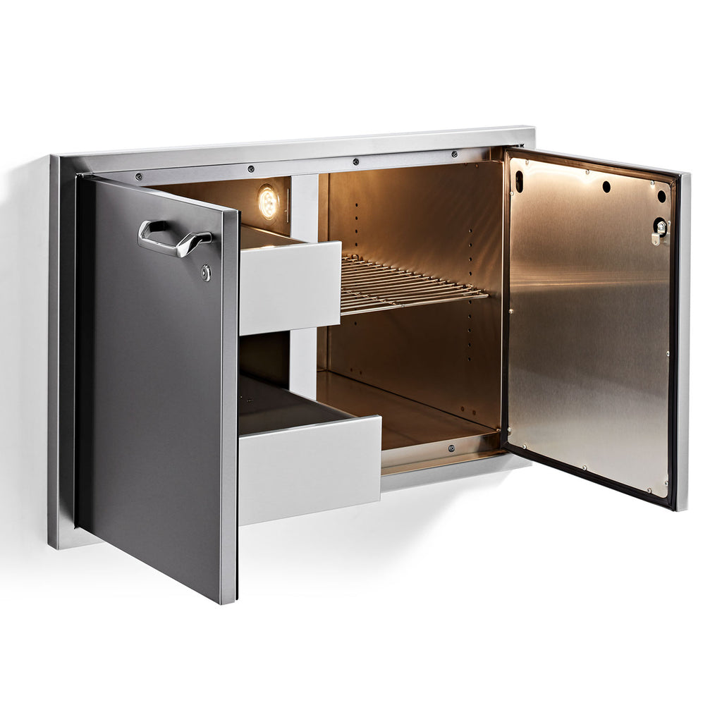 Dry storage pantry cabinet open, showing interior shelves and side pull handle
