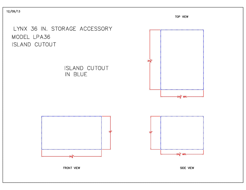 Line drawing showing top and side views for storage accessory island cutout dimensions