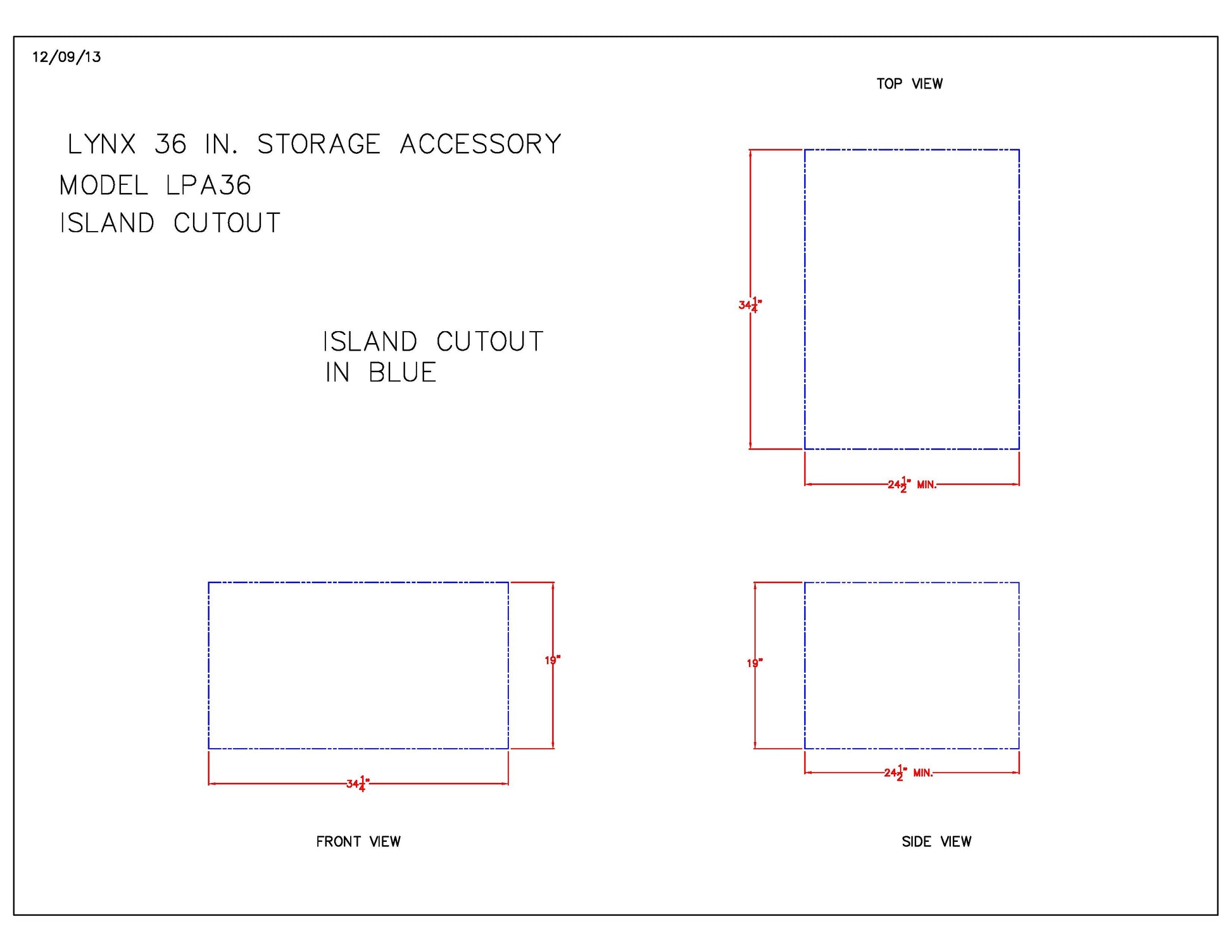 Line drawing showing top and side views for storage accessory island cutout dimensions
