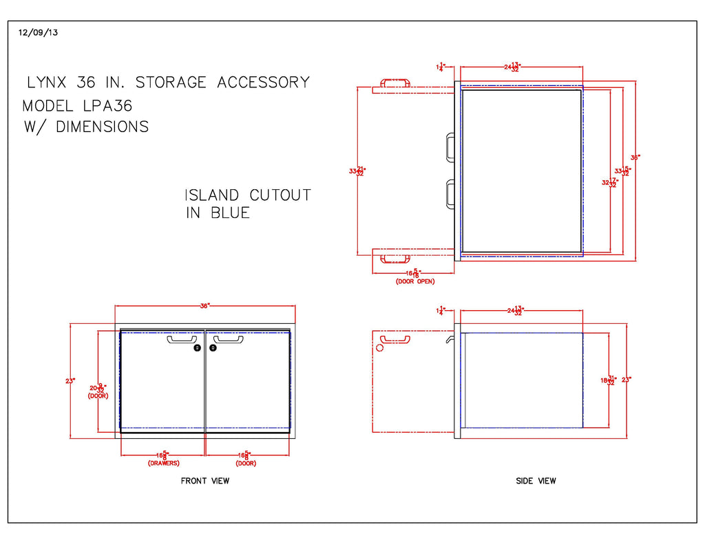 Line dimension diagram of storage accessory island cutout with front and side views