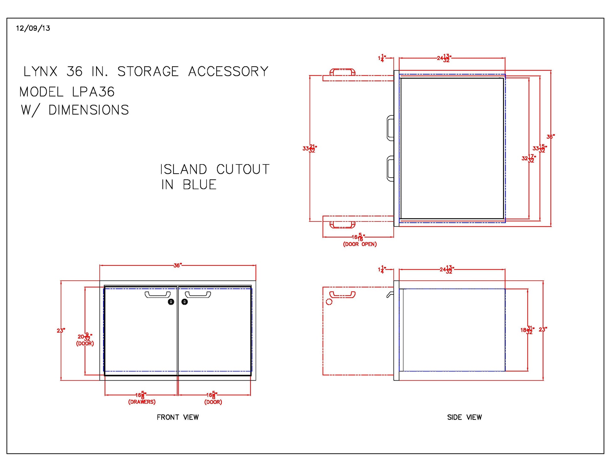Line dimension diagram of storage accessory island cutout with front and side views