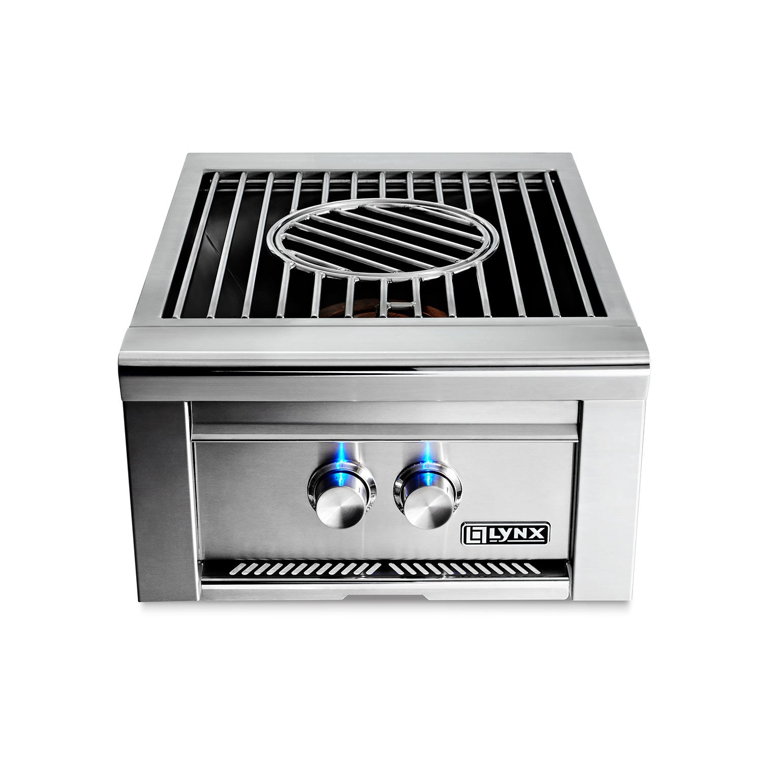 Built-in gas power burner with stainless housing and blue flames on the grate