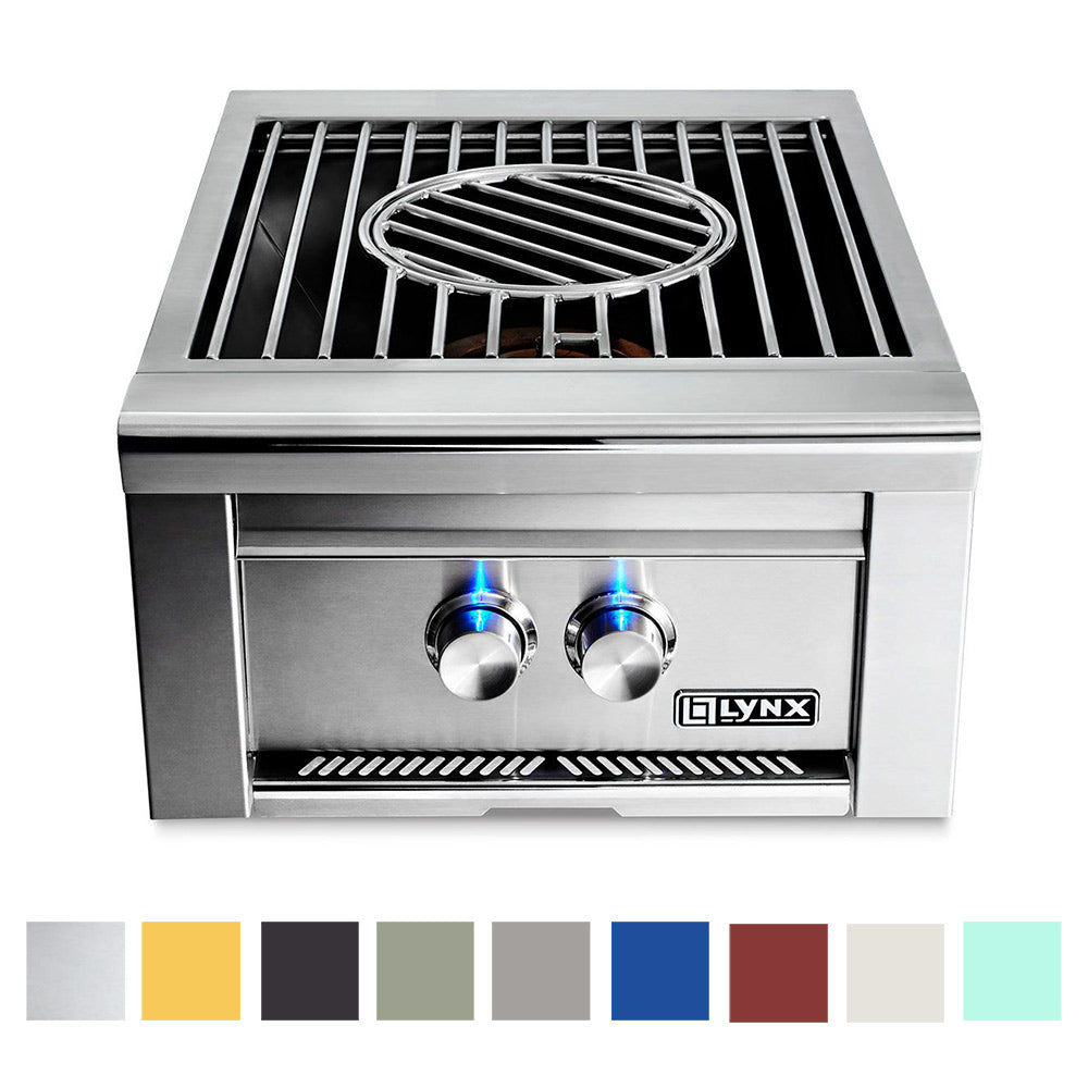 Built-in gas power burner with stainless housing and blue flame under grate