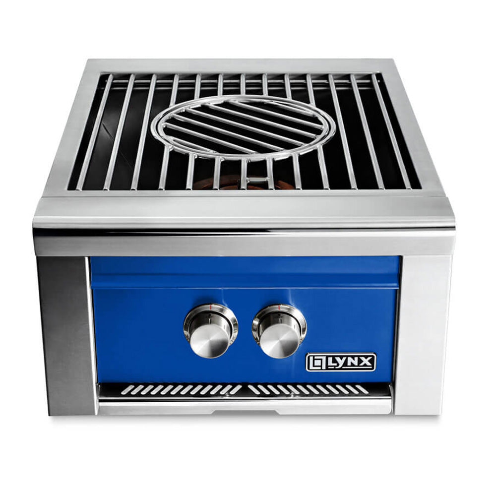 Built-in gas power burner with stainless housing, blue control panel, two knobs, LYNX logo