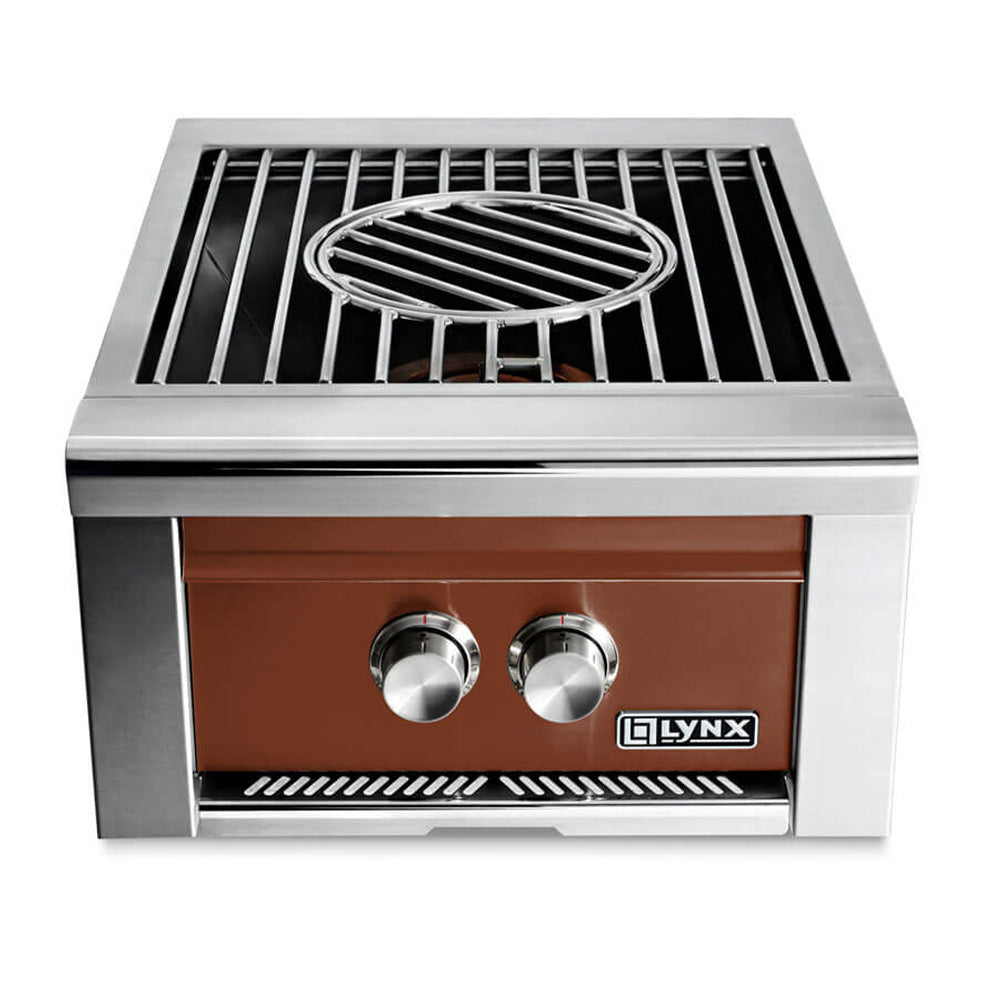 Built-in gas power burner with stainless housing, brown control panel, two knobs, LYNX logo