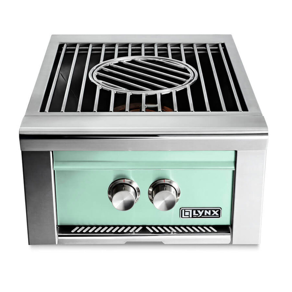 Built-in gas power burner with stainless housing, green control panel, two knobs, LYNX logo