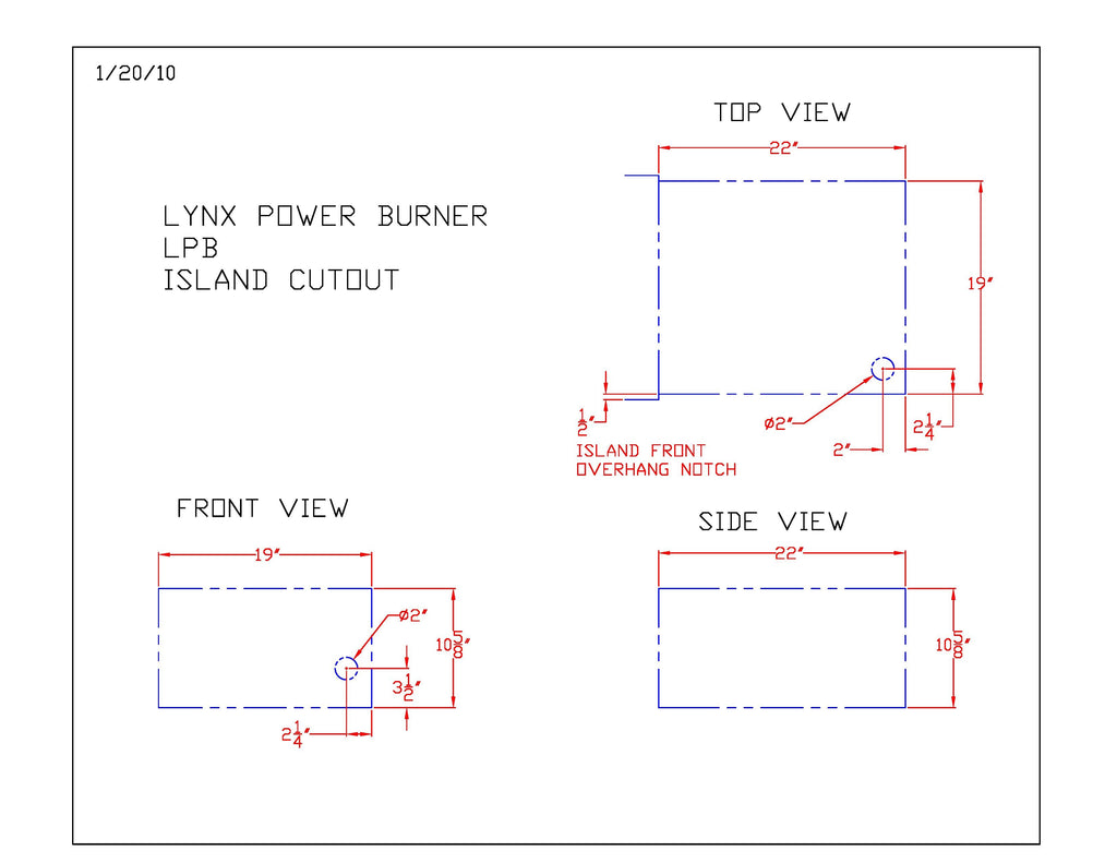 Gas power burner cutout and dimension diagram with top, front, and side views