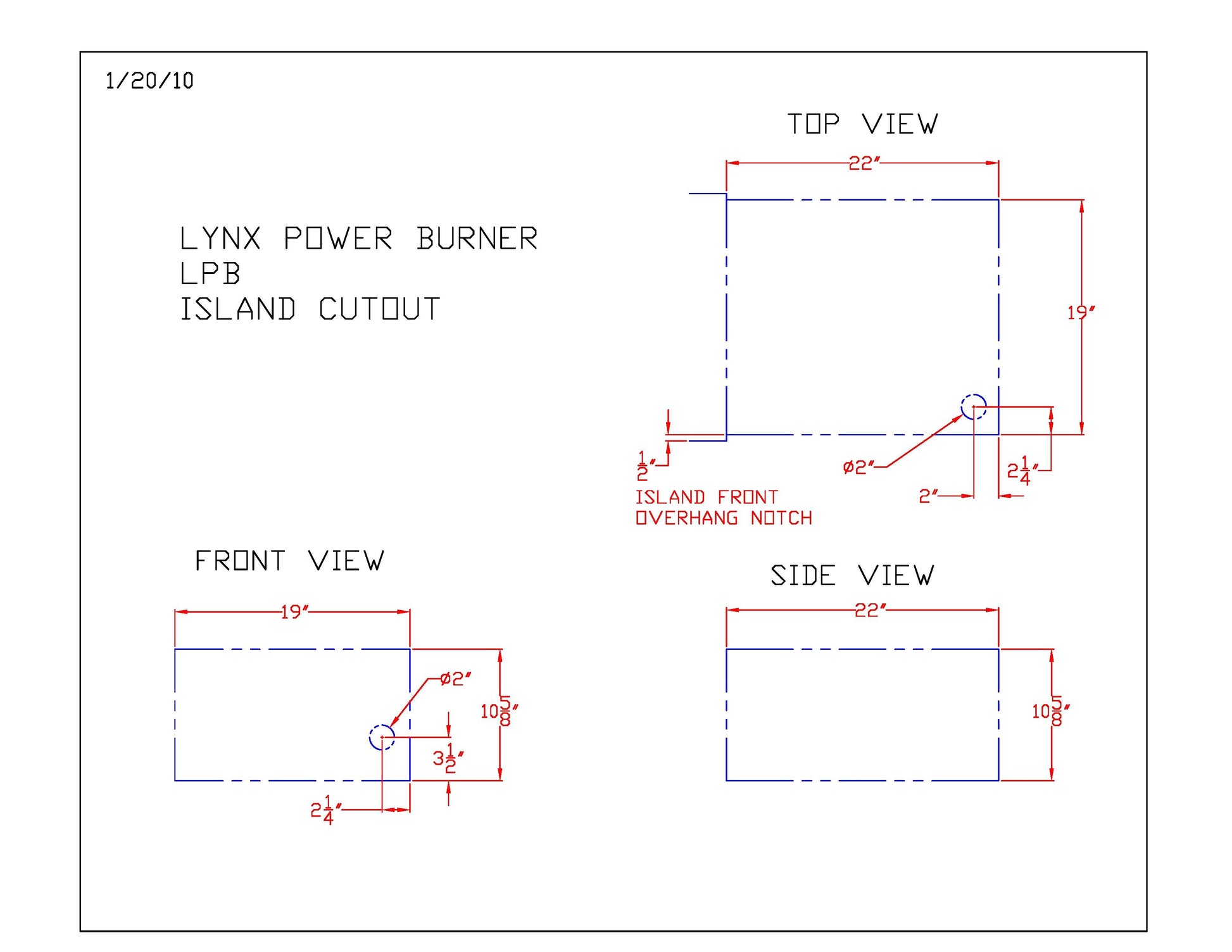 Gas power burner cutout and dimension diagram with top, front, and side views