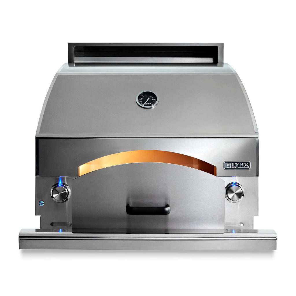 Stainless steel pizza oven with open front, orange oven floor, and top vent