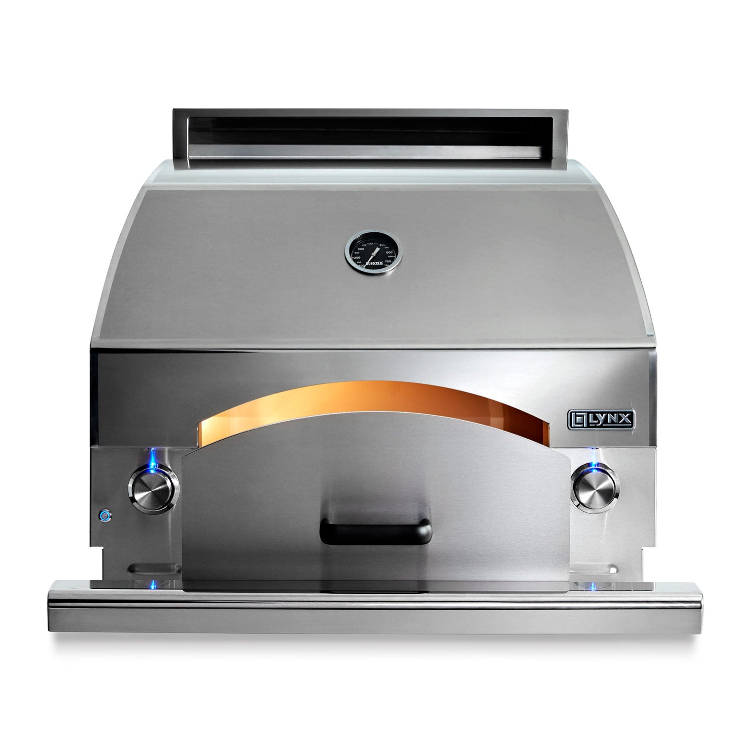 Stainless steel pizza oven with open front, orange oven floor, and top vent