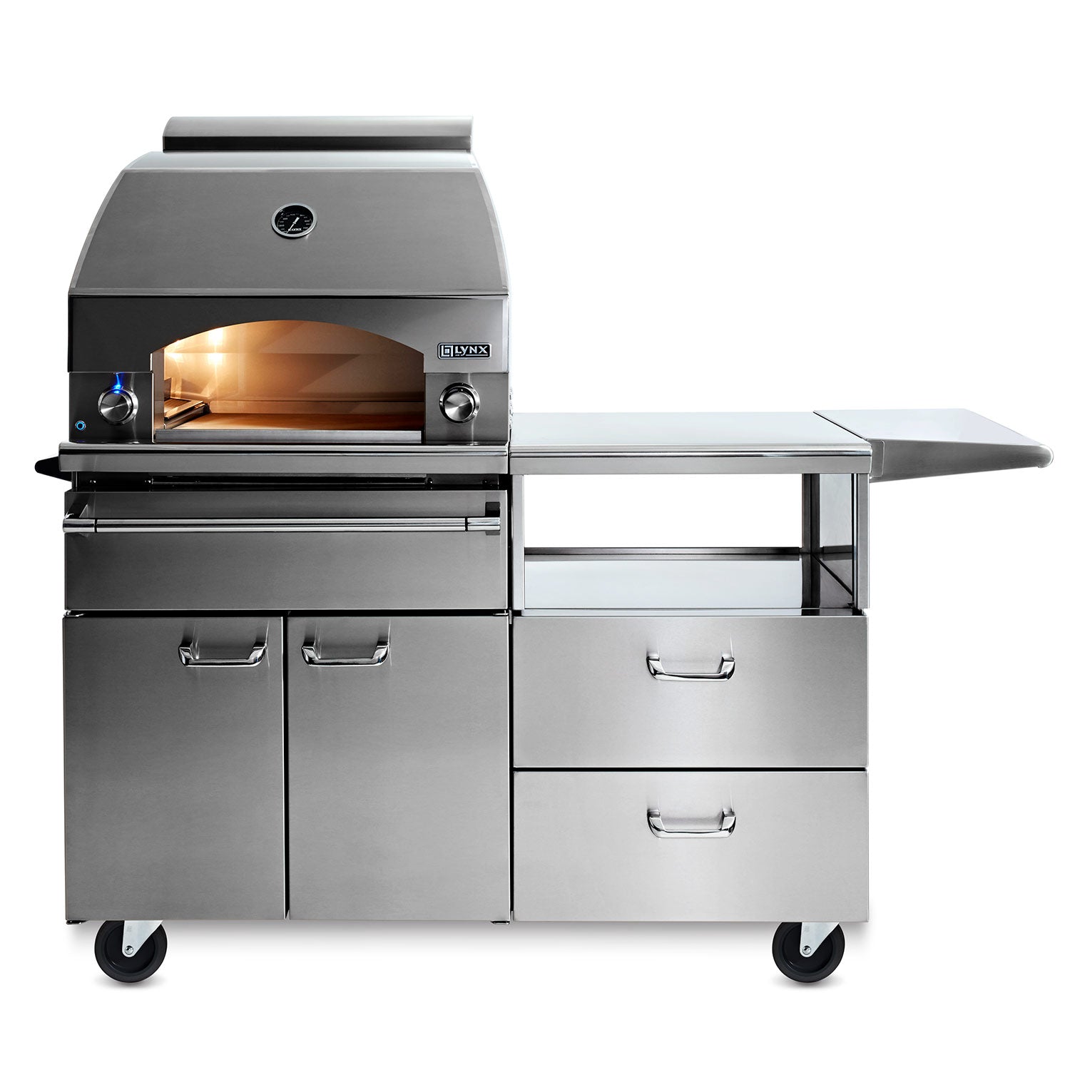 Stainless 54-inch pizza oven cart with side controls and warming shelf, open front