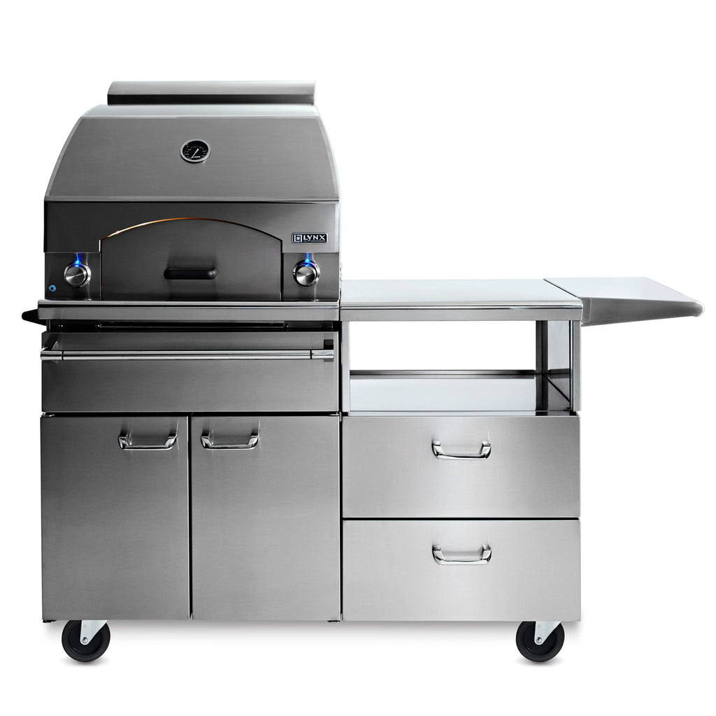 Pizza oven cart with arched door opening, stainless body, side knobs and side shelf