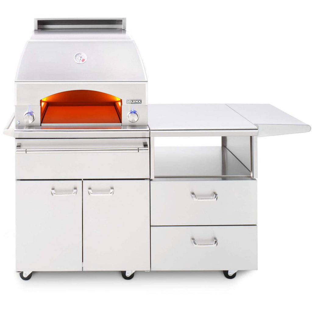 White pizza oven cart with lit oven chamber, side knobs and countertop