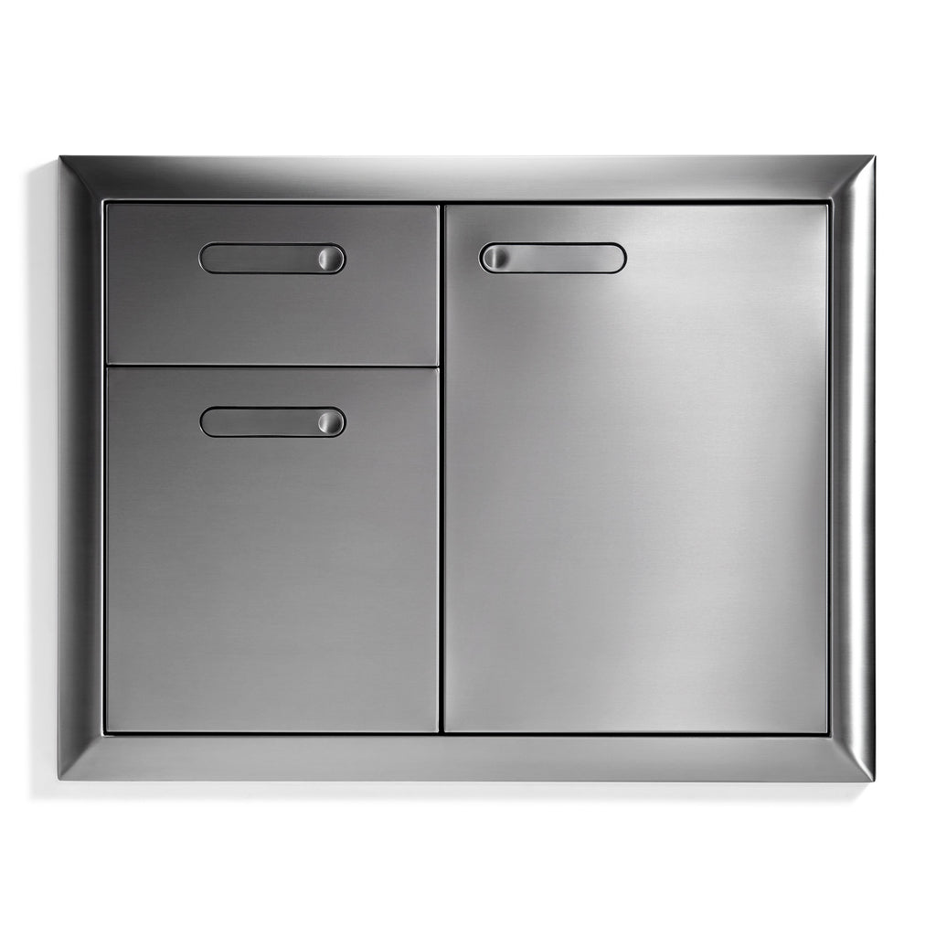 Stainless steel access door with double drawers and two horizontal pull handles, front view