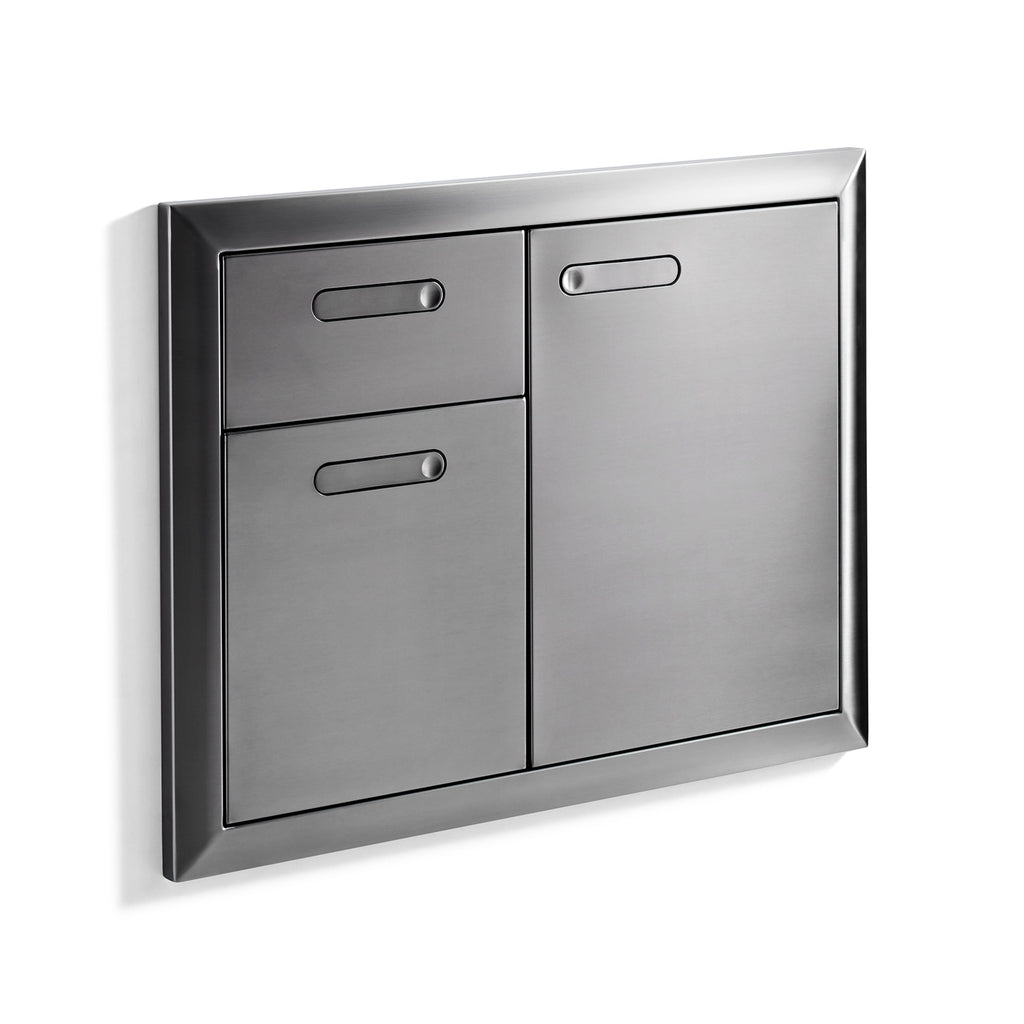 Stainless steel double drawer and access door with curved pull handles, angled front view