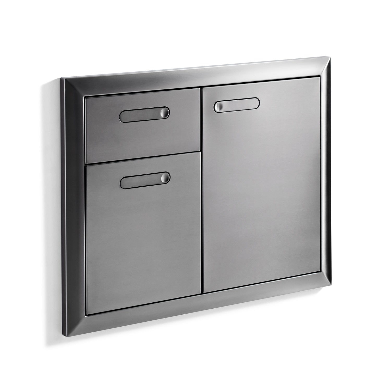 Stainless steel double drawer and access door with curved pull handles, angled front view