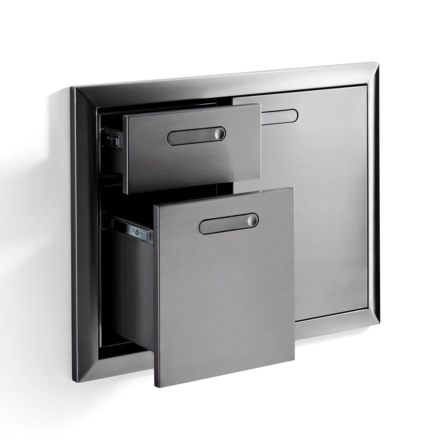 Stainless steel access door with double drawers partially open, showing interior storage