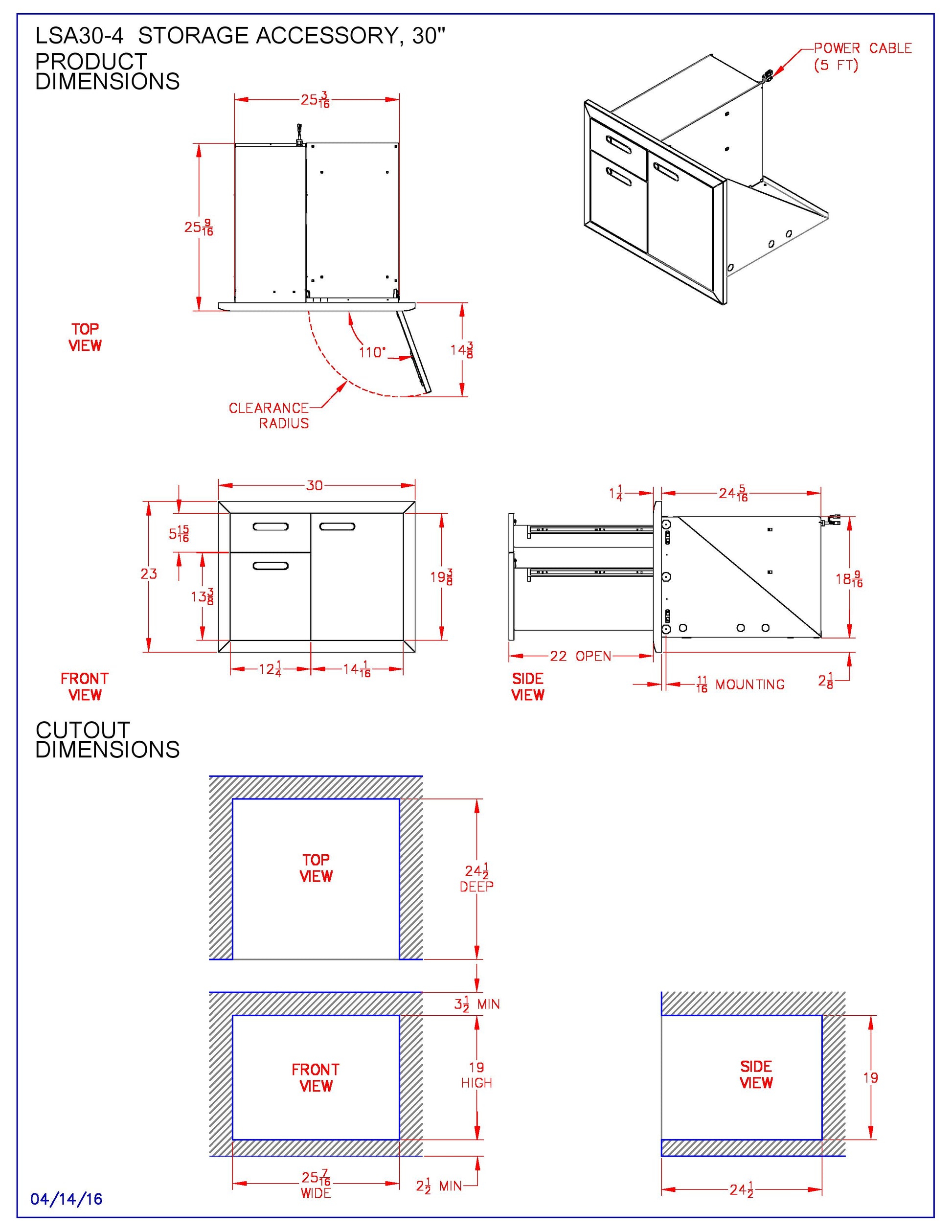 Technical dimensions diagram for access door and double drawer combo, top and side views