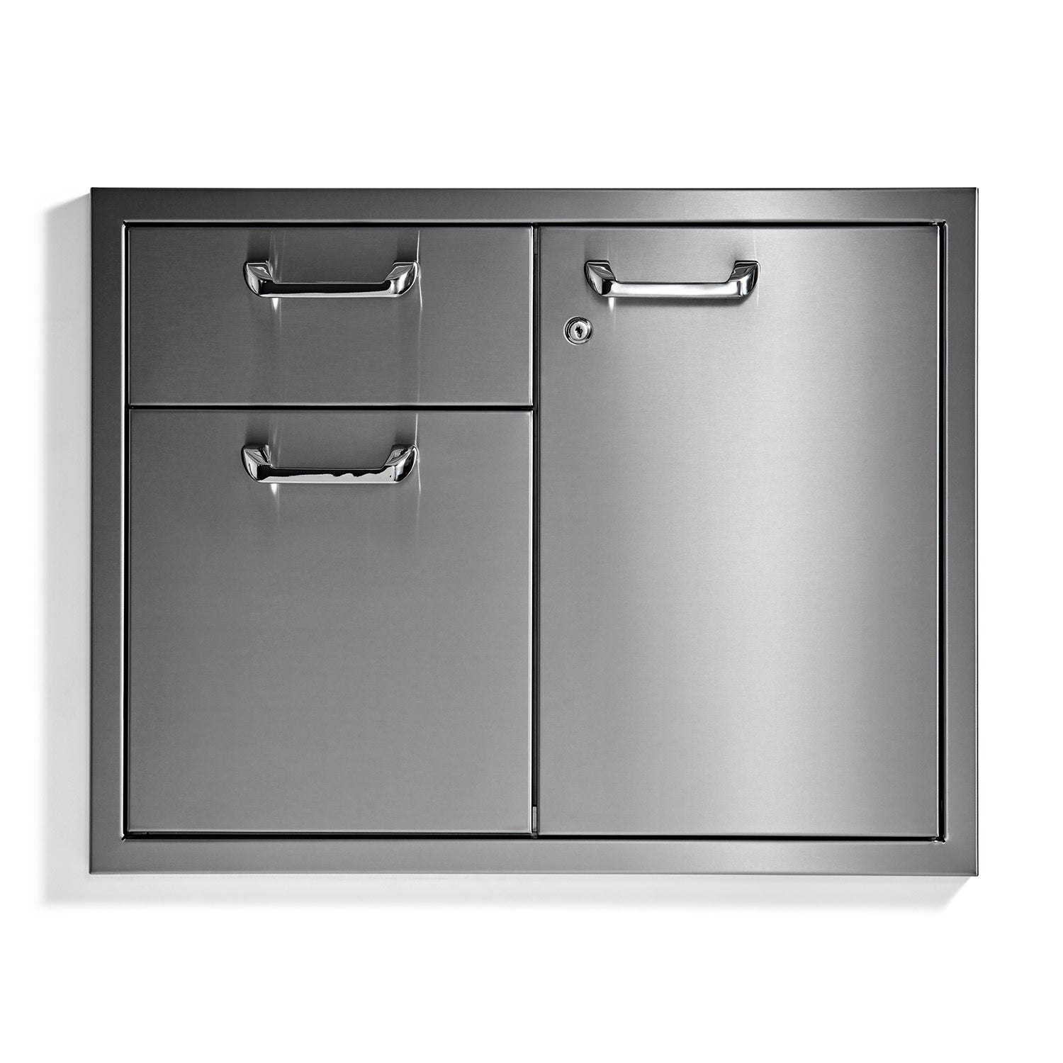Stainless steel storage access door with two drawers and chrome pulls