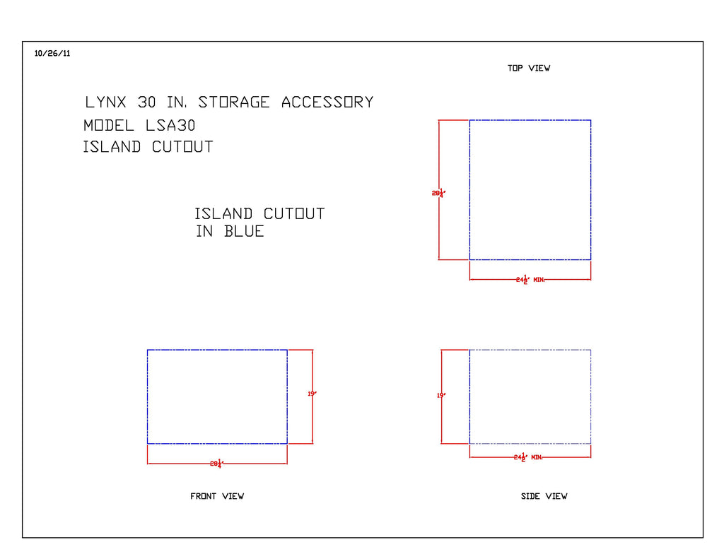 Storage access accessory cutout diagram with front and side views