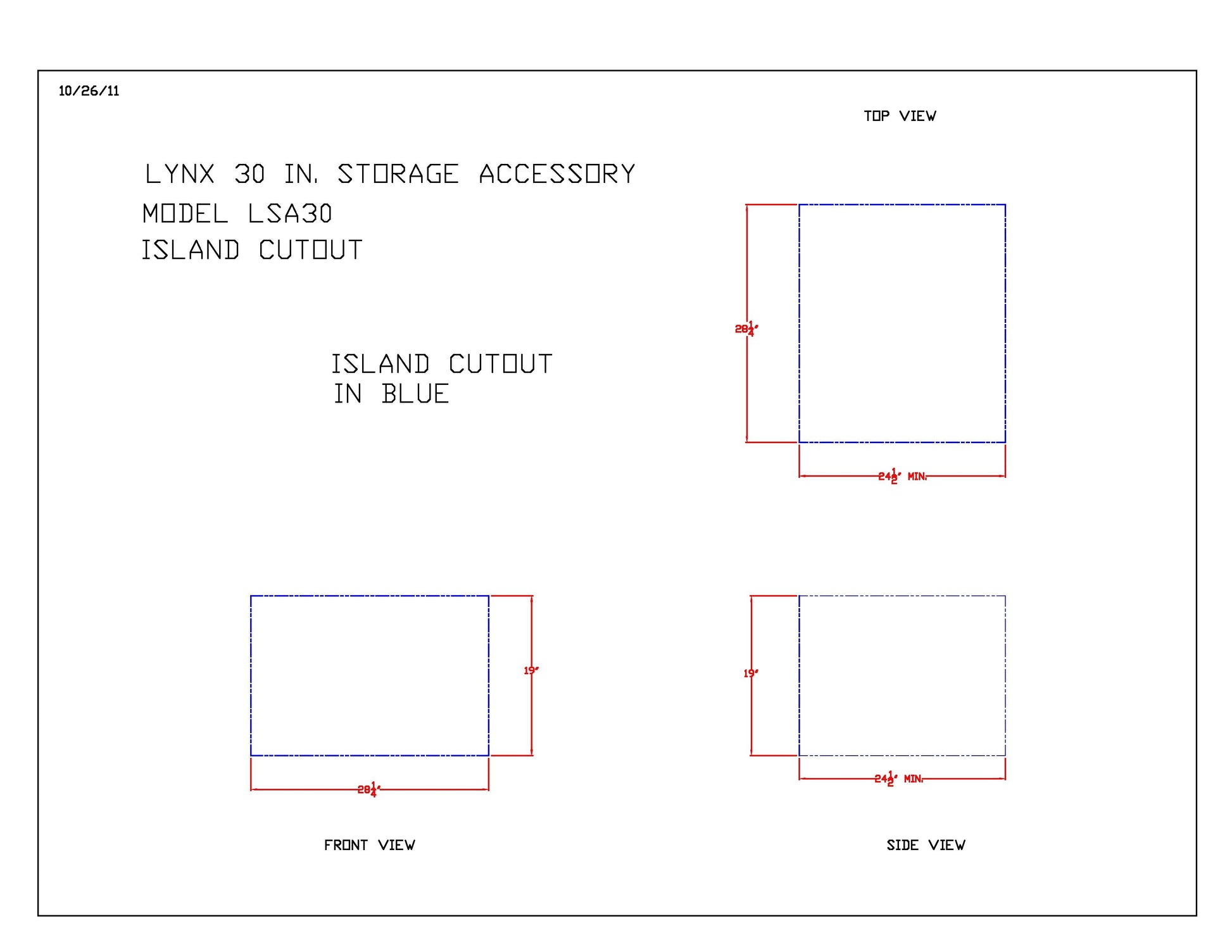 Storage access accessory cutout diagram with front and side views