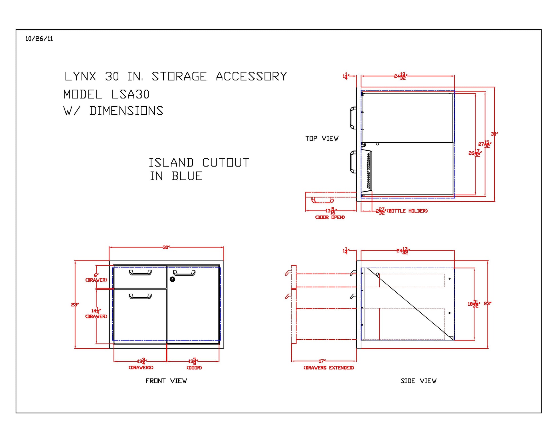 Storage access accessory dimensional diagram with front, side, and top views