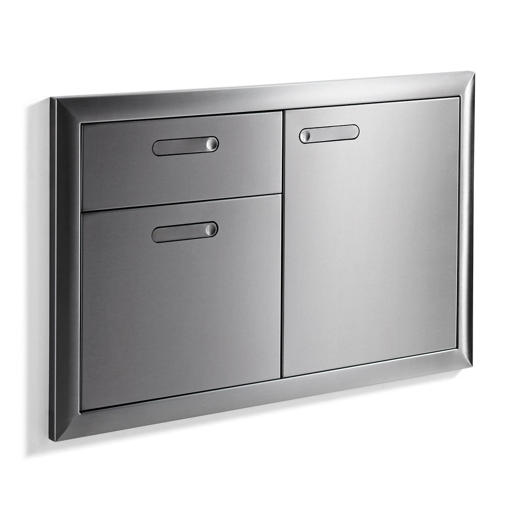 Metal double drawer and access door panel with two drawers and right-side door, brushed finish