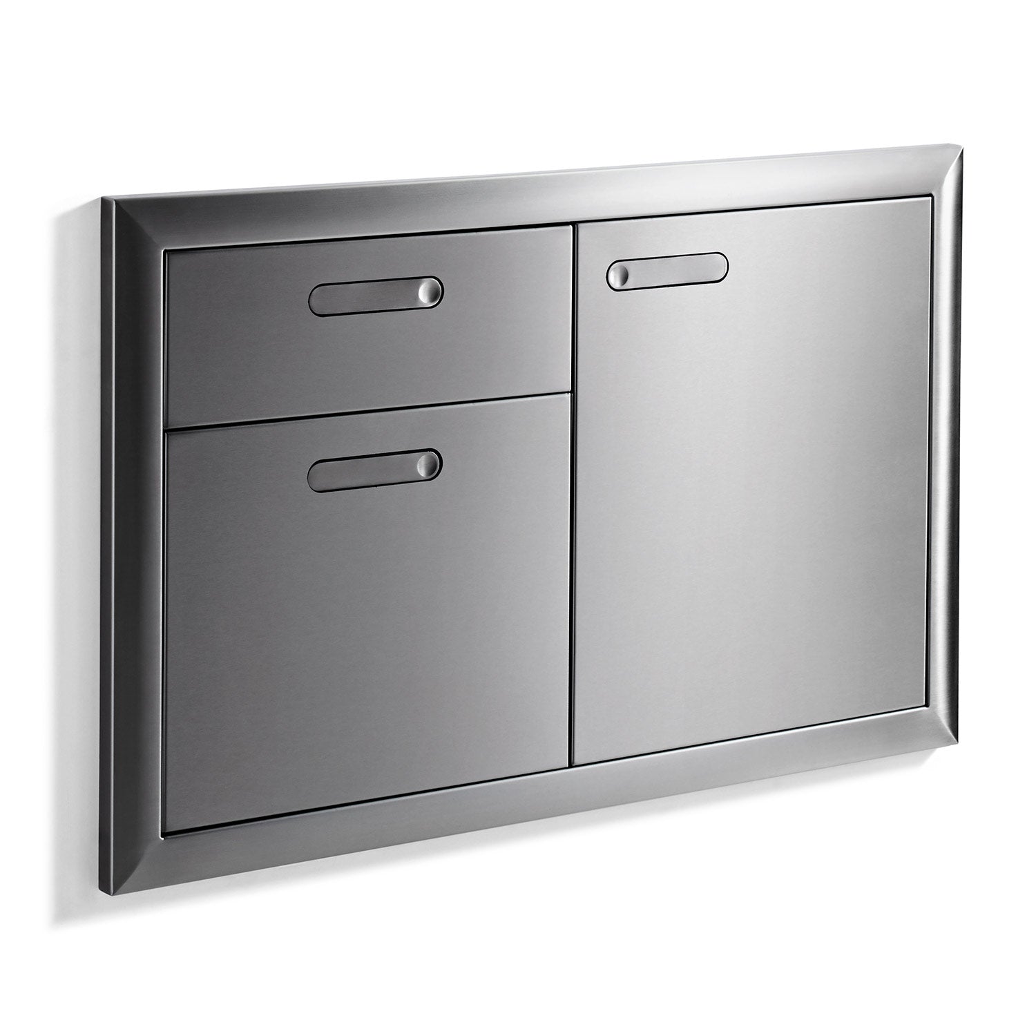 Metal double drawer and access door panel with two drawers and right-side door, brushed finish