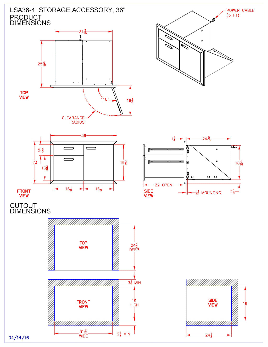 Technical dimensions diagram for storage accessory, top, front, and side views with cutout
