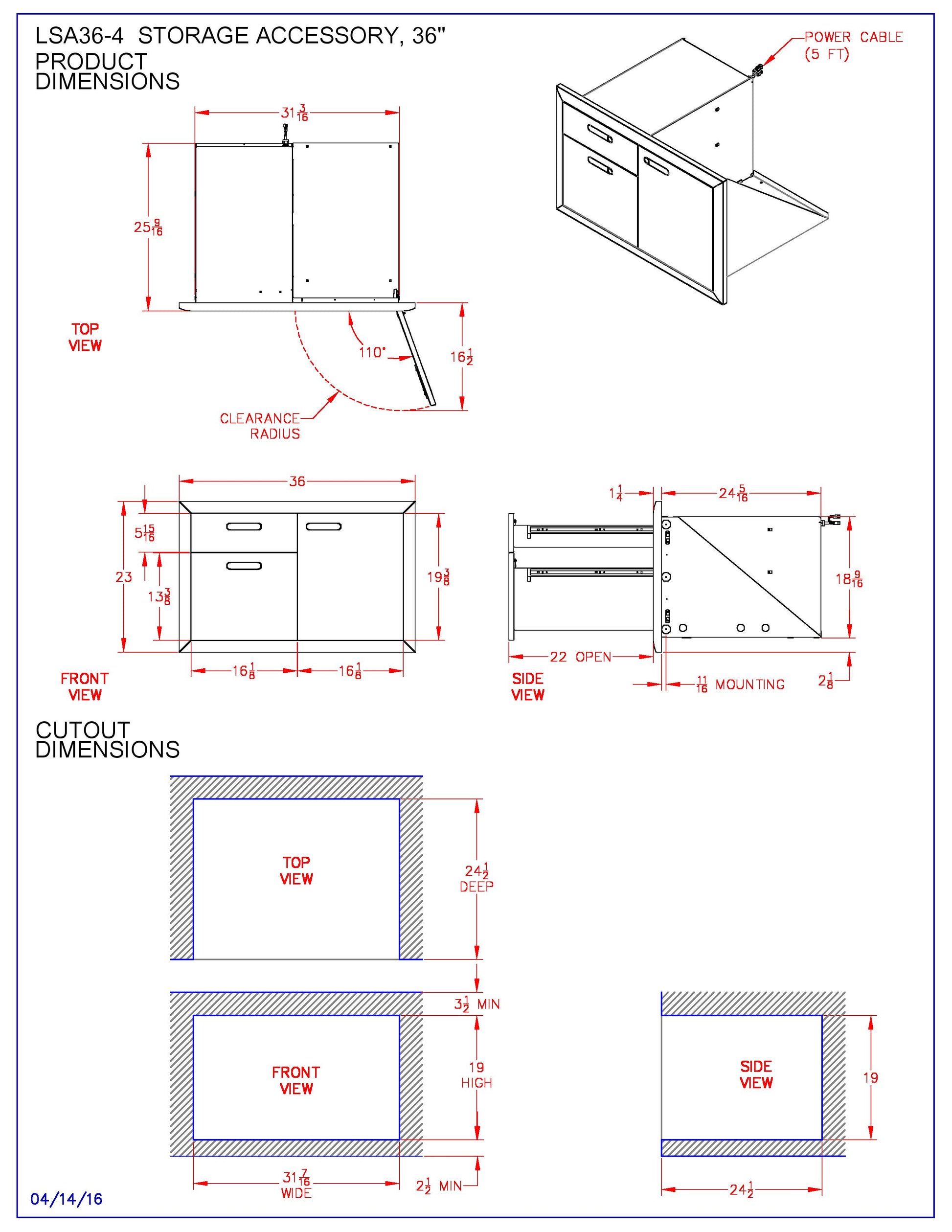 Technical dimensions diagram for storage accessory, top, front, and side views with cutout