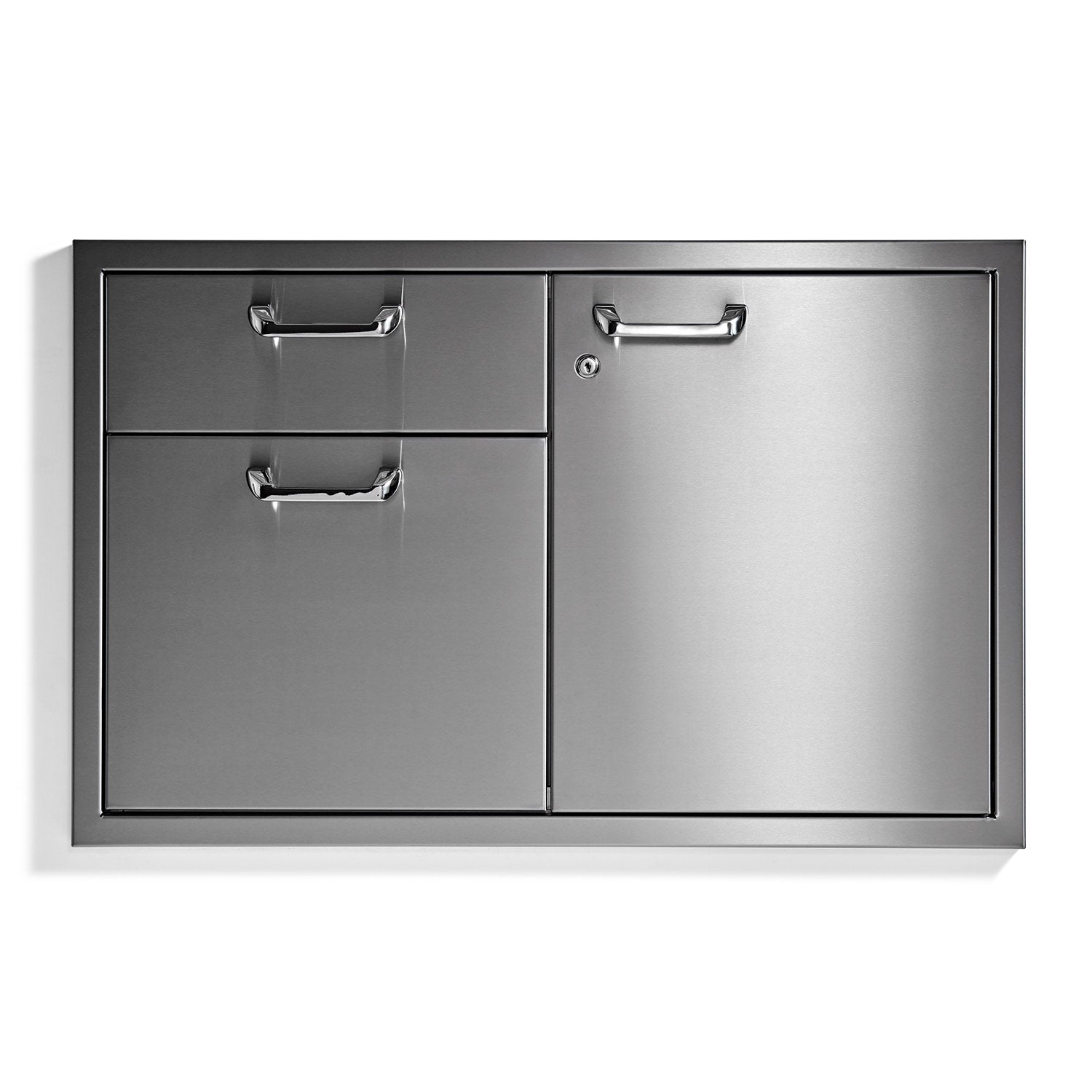 Metal storage access cabinet with two drawers and hinged door, brushed dark finish