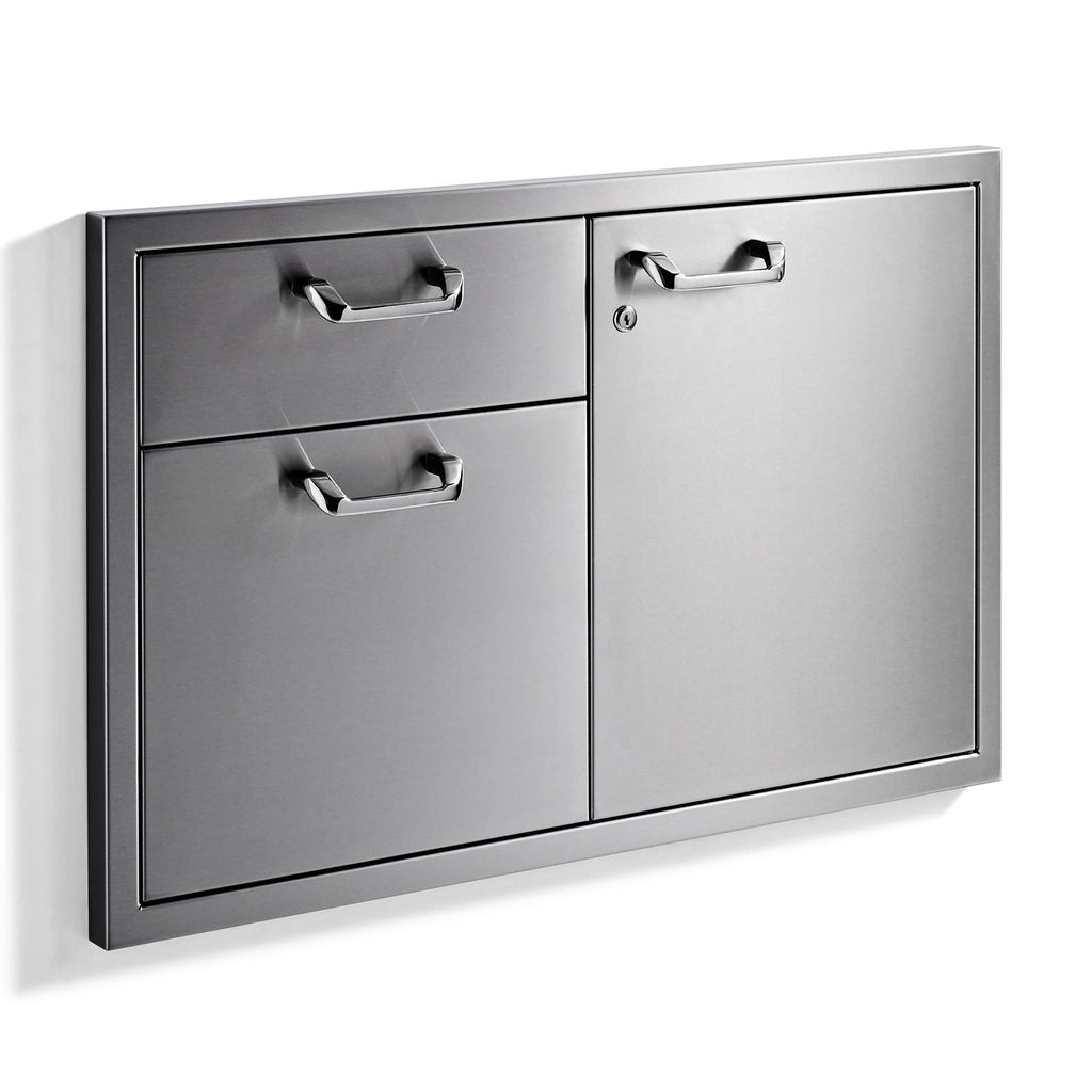 Metal access cabinet with two drawers and one door, chrome handles on dark finish