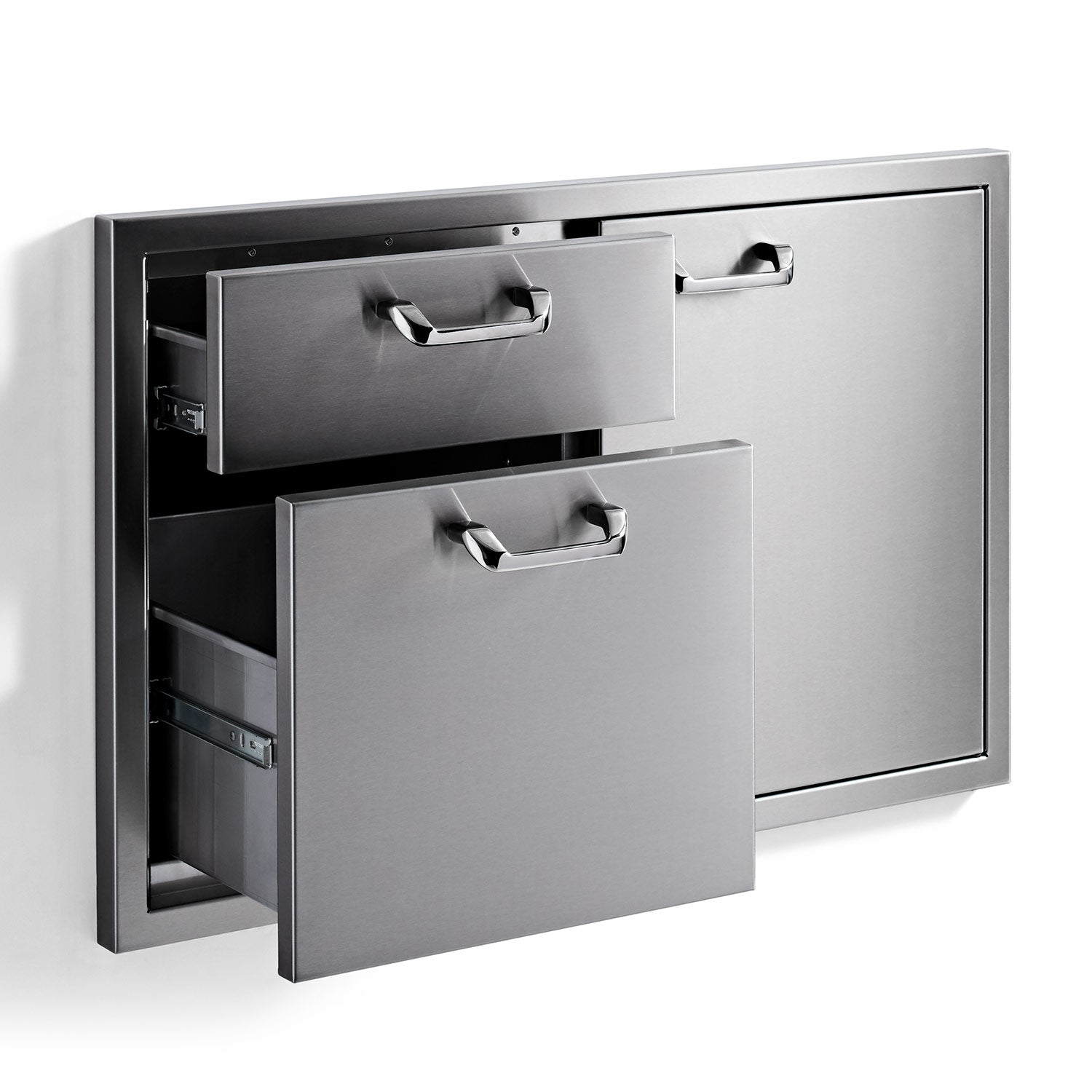 Open cabinet access door with two drawers visible and drawer pulls, brushed metal interior