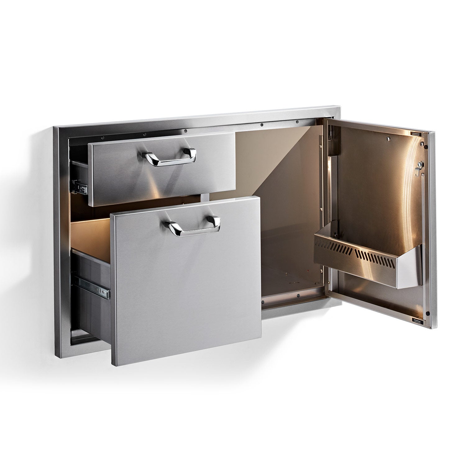 Open cabinet access door showing drawers and ventilation panel, brushed metal construction