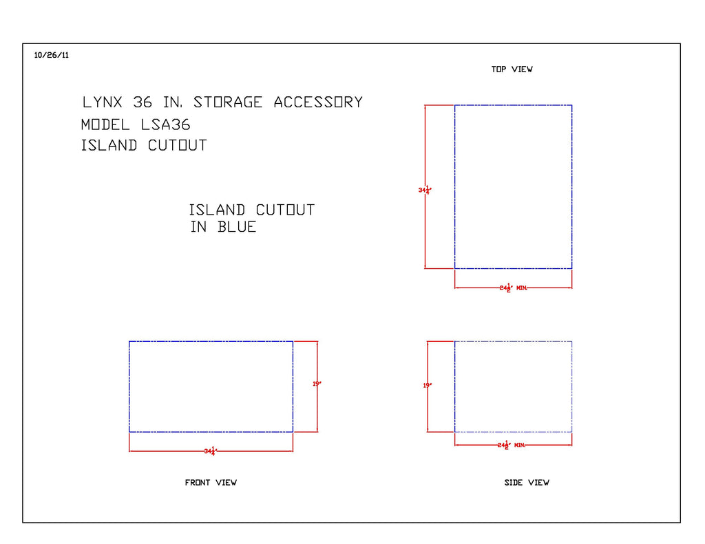 Dimensional layout diagram for storage access cabinet island cutout, front and side views
