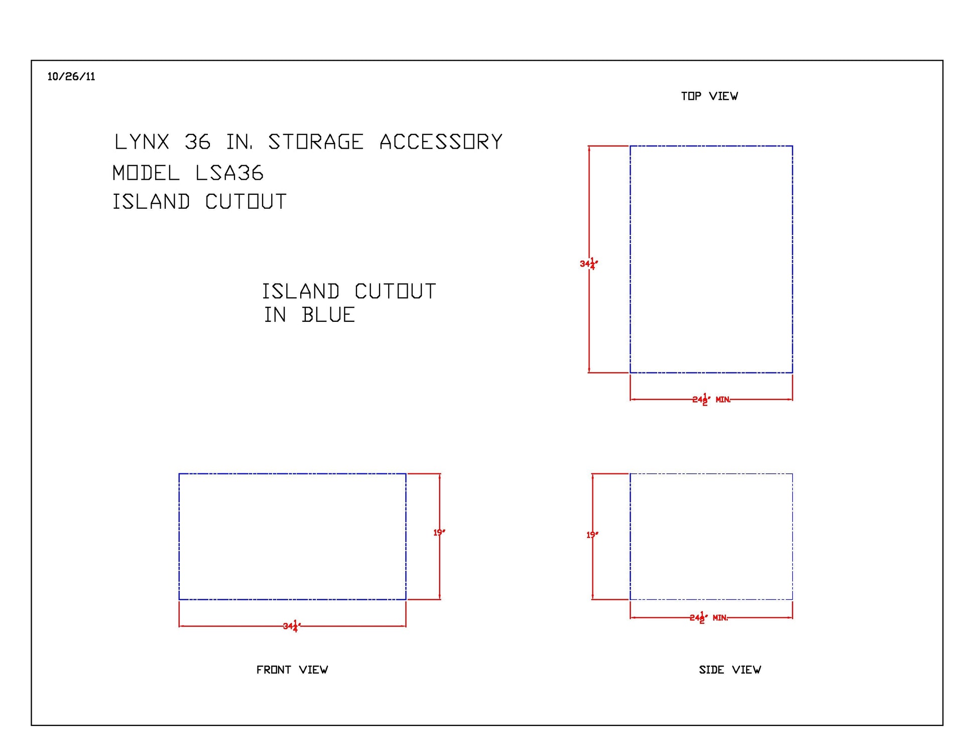 Dimensional layout diagram for storage access cabinet island cutout, front and side views