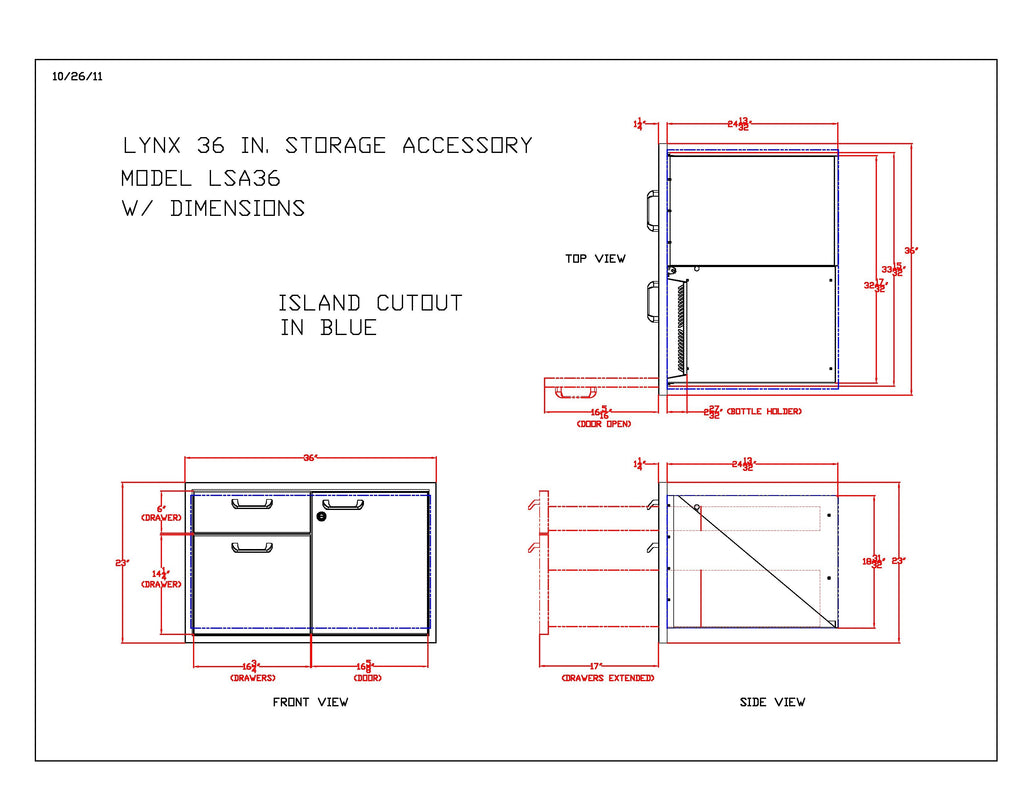 Technical cutout layout diagram for storage access cabinet, top and side views