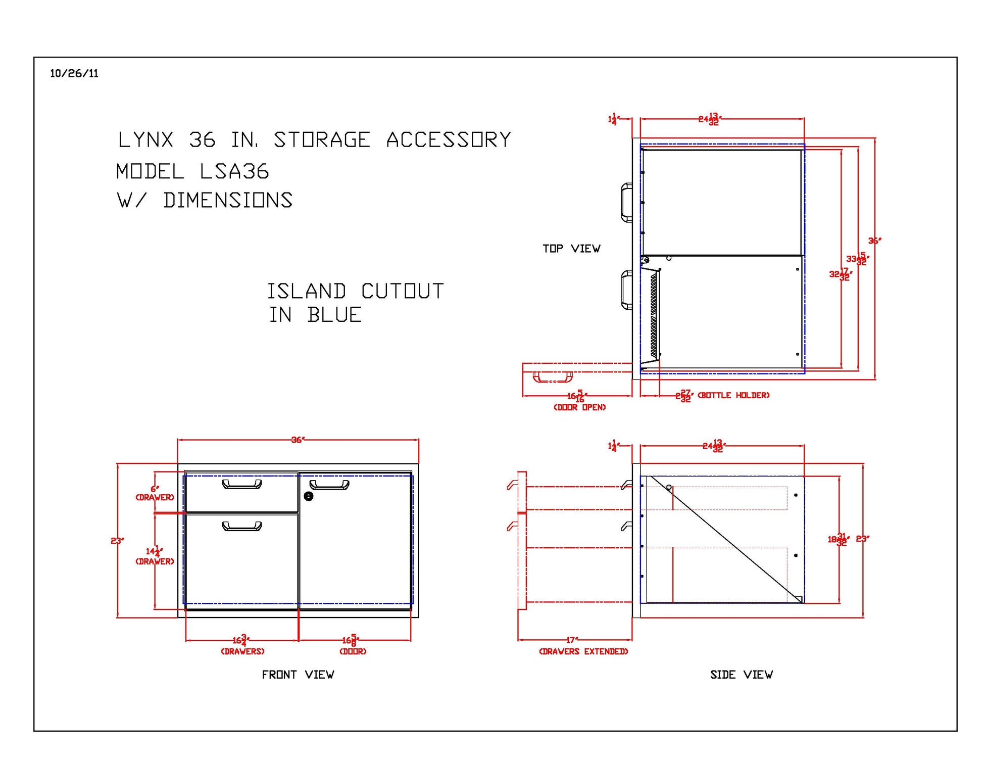 Technical cutout layout diagram for storage access cabinet, top and side views
