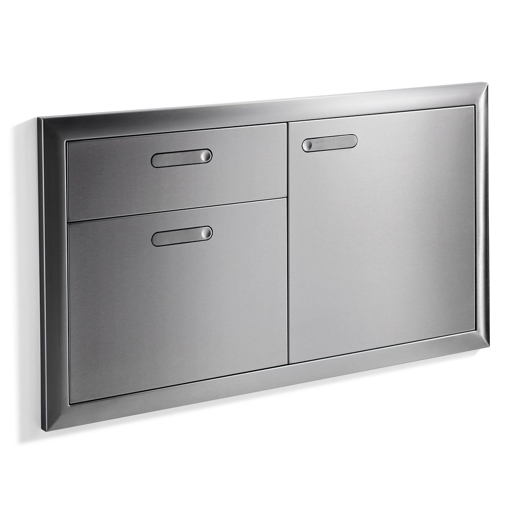 Wall cabinet access door with two-panel drawer and upper door, brushed dark gray finish