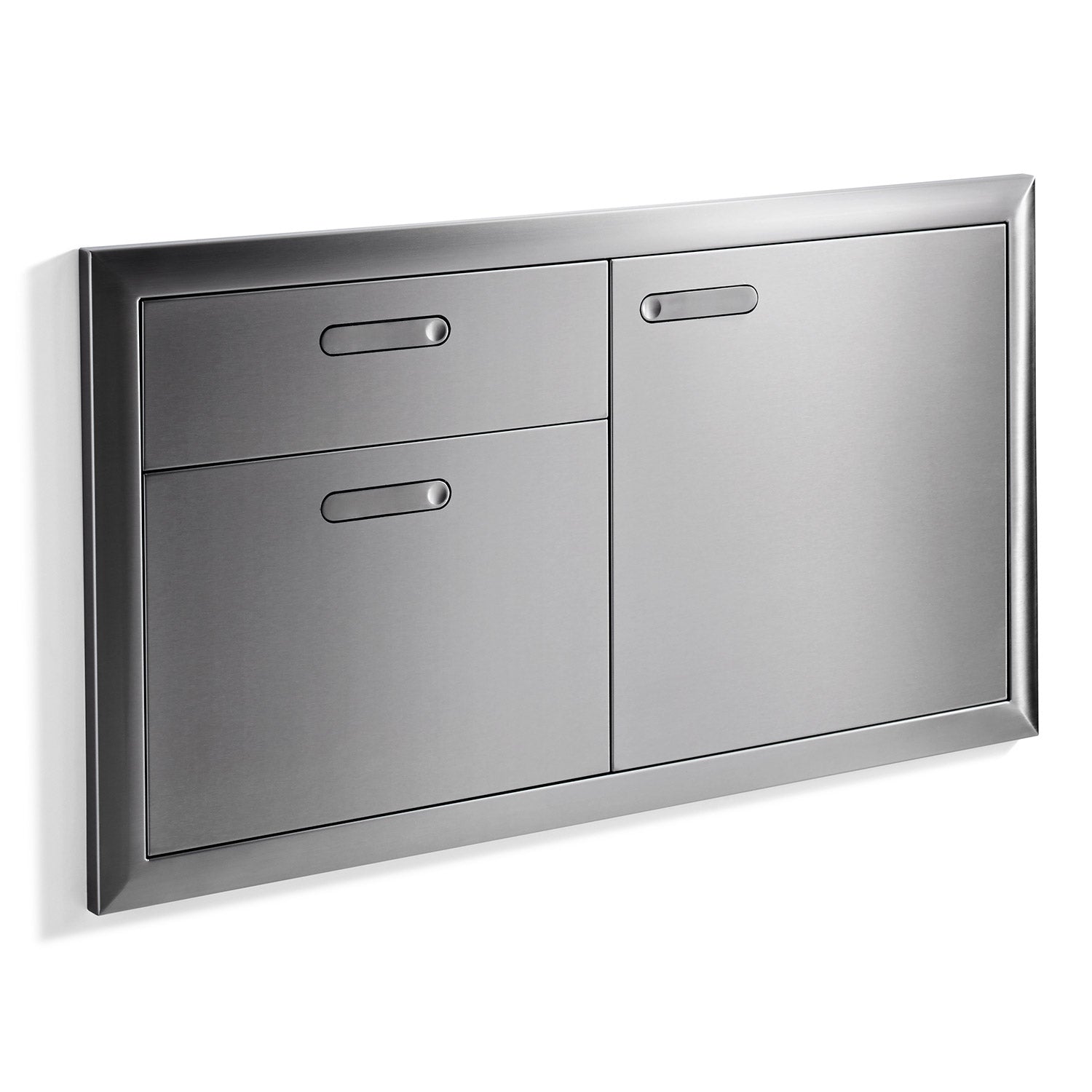 Wall cabinet access door with two-panel drawer and upper door, brushed dark gray finish