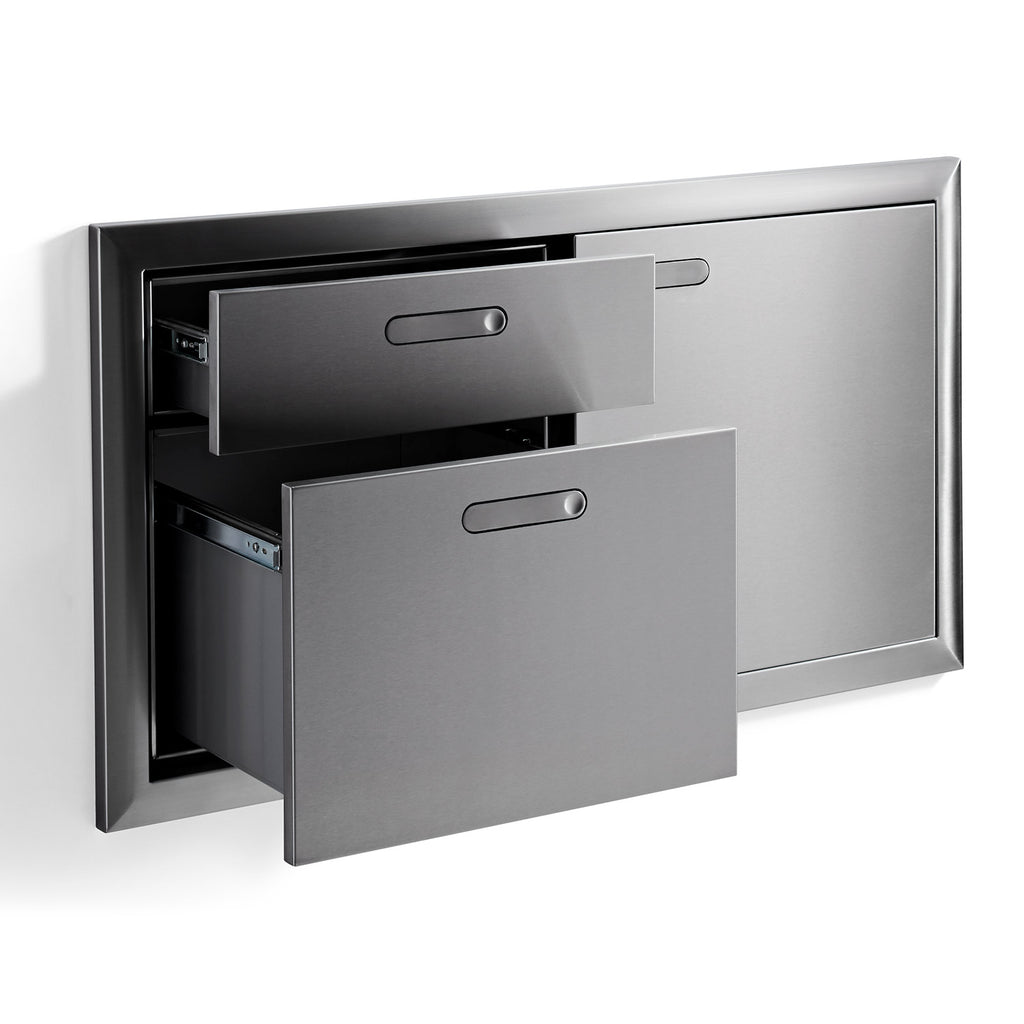 Wall cabinet with access door open and two drawers extended, dark gray interior