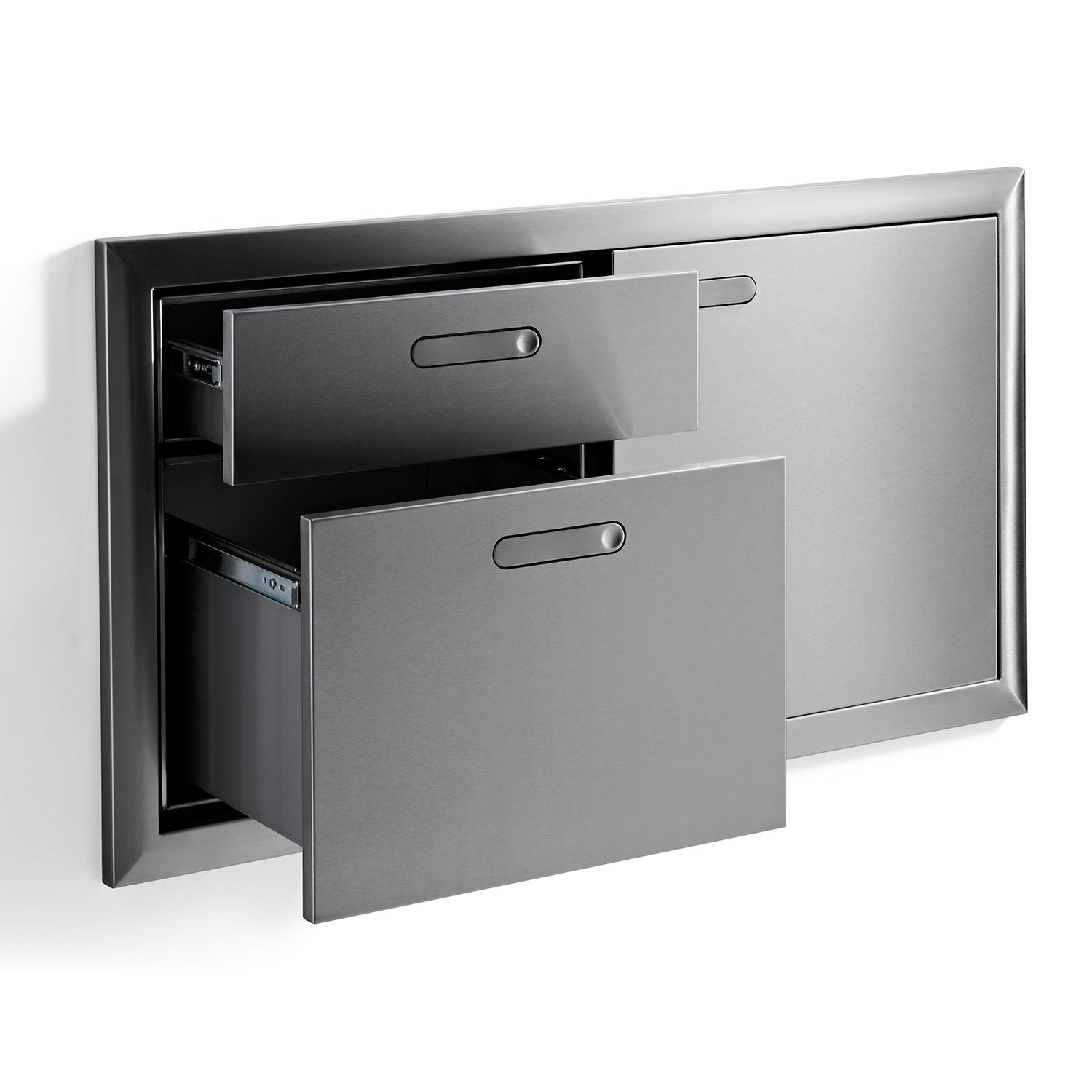 Wall cabinet with access door open and two drawers extended, dark gray interior