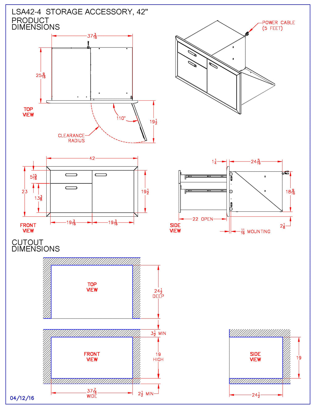Cabinet access door and double drawer dimension diagram with front and side views