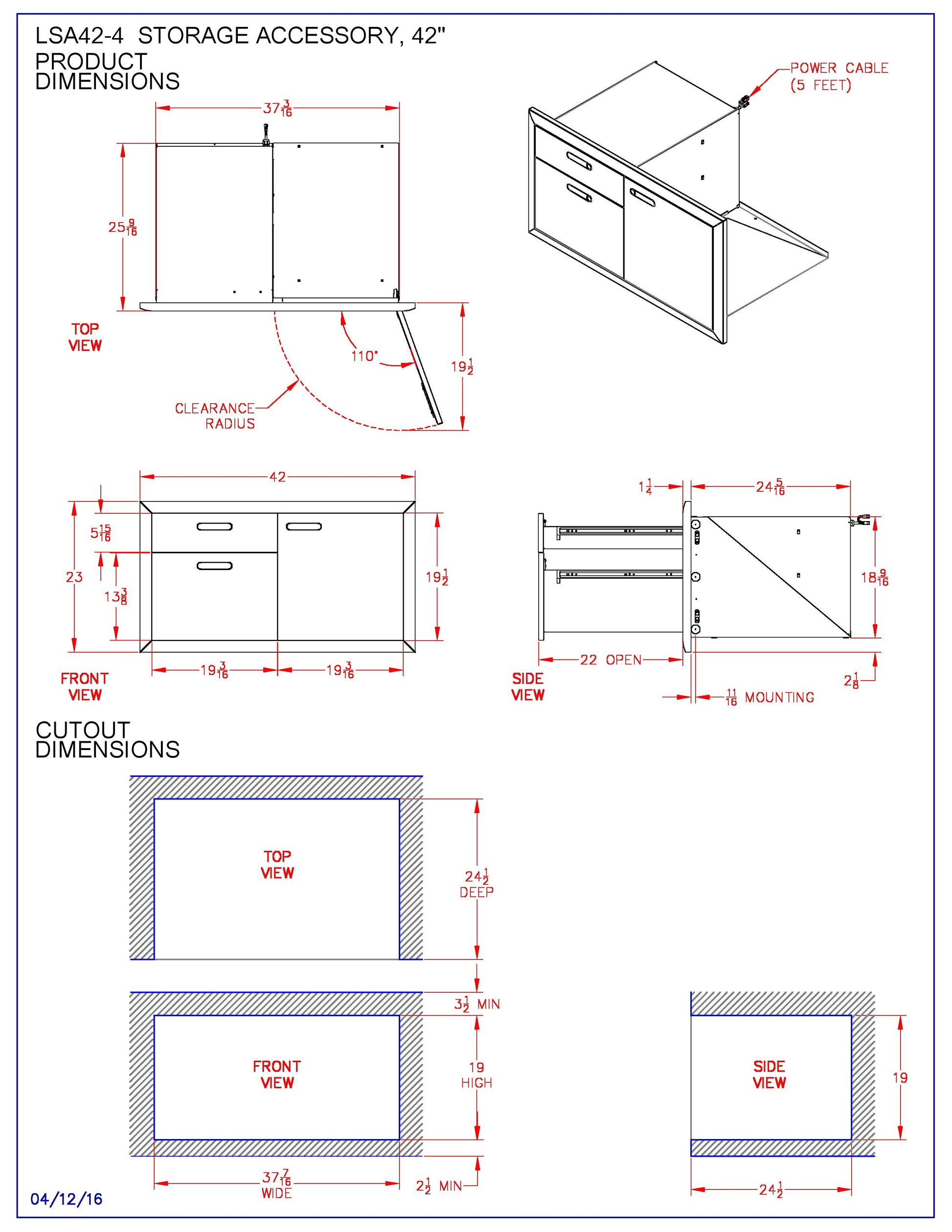 Cabinet access door and double drawer dimension diagram with front and side views