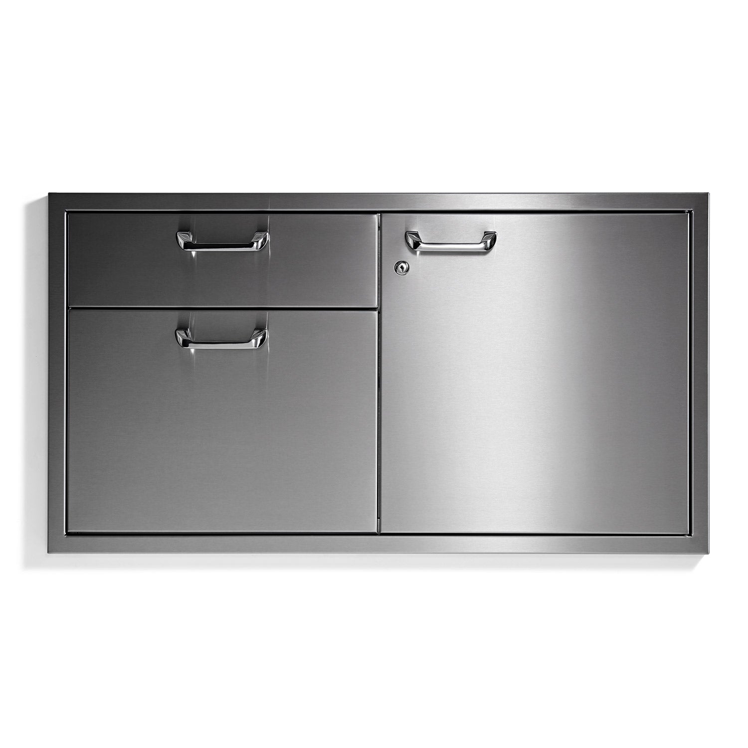 Metal storage cabinet with two drawers and one access door, dark gray finish, chrome pulls
